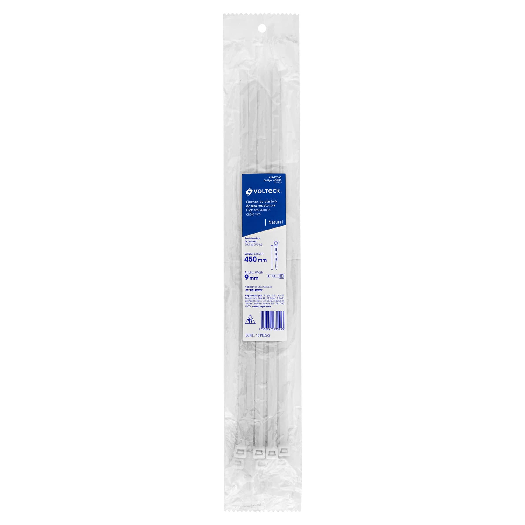 Bolsa con 10 cinchos plásticos 175 lb, 450 x 9 mm, natural