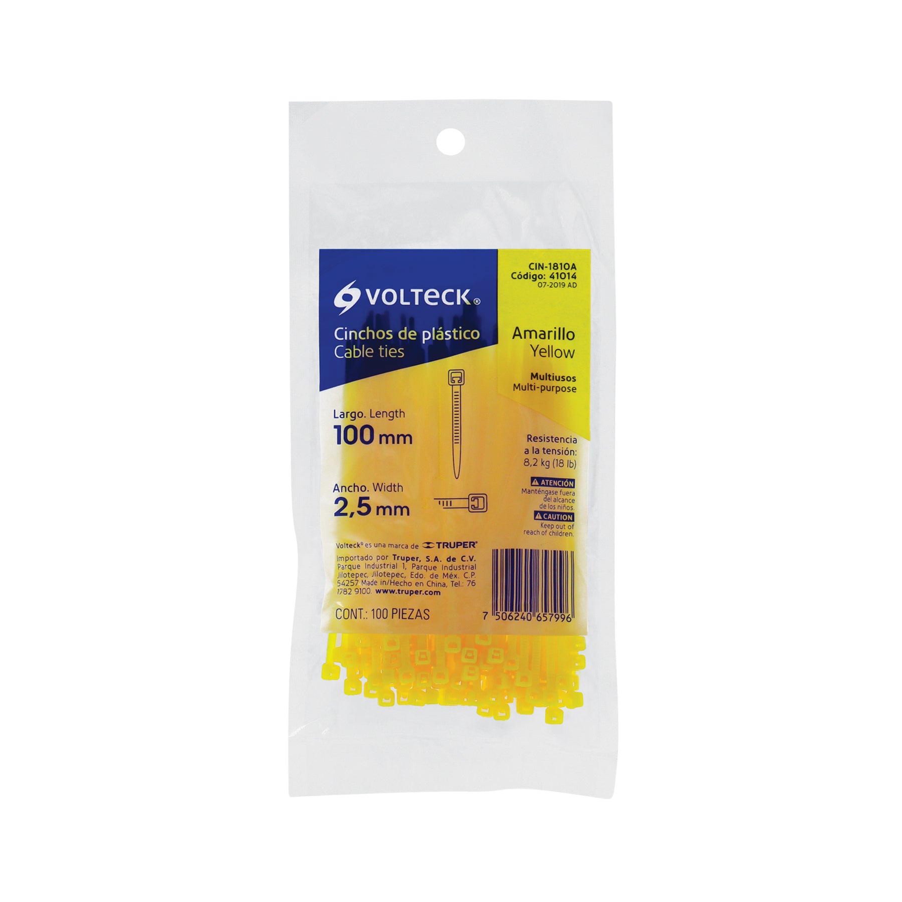 Bolsa con 100 cinchos plásticos 18 lb, 100x2.5 mm, amarillo
