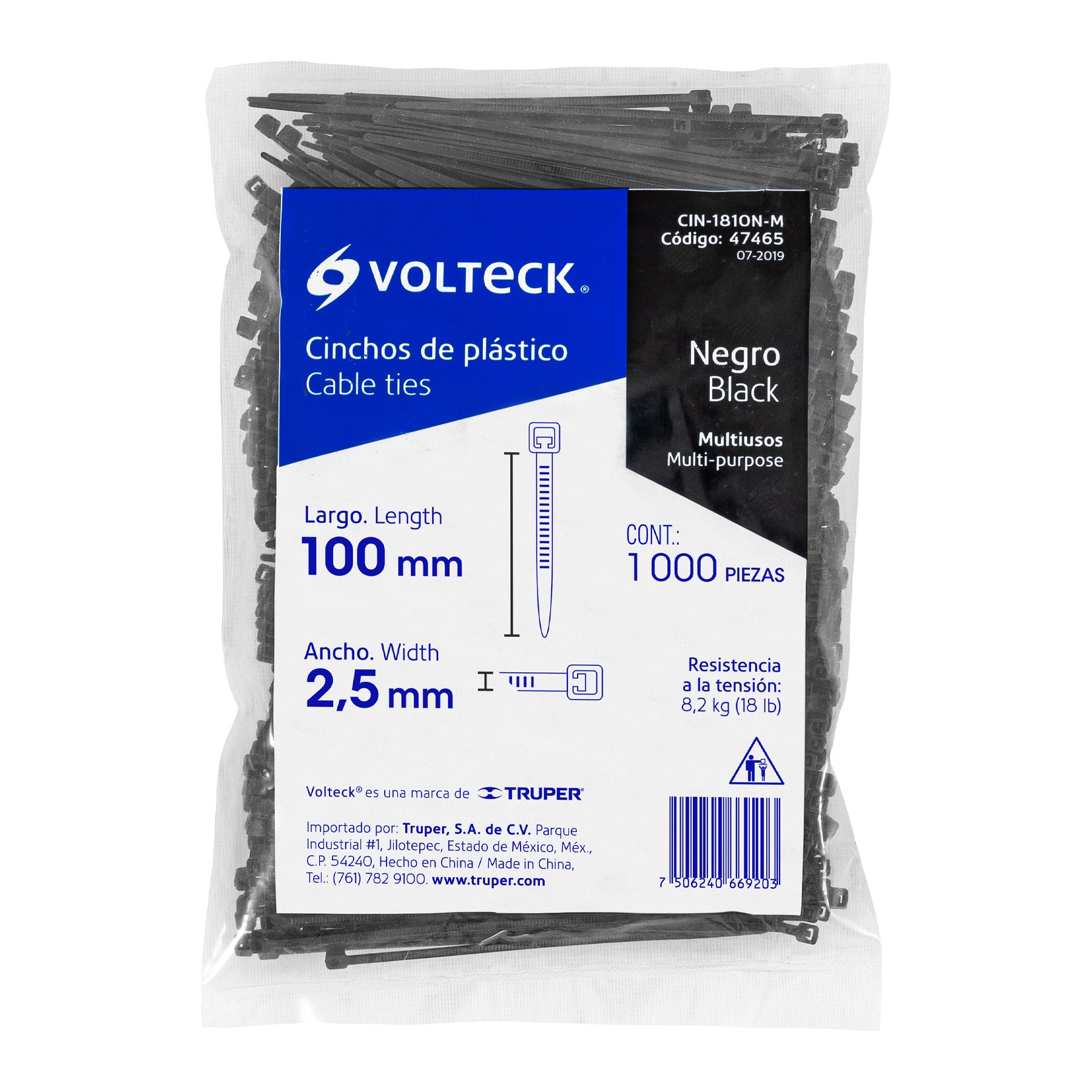 Bolsa con 1000 cinchos plásticos 18 lb, 100 x 2.5 mm, negro
