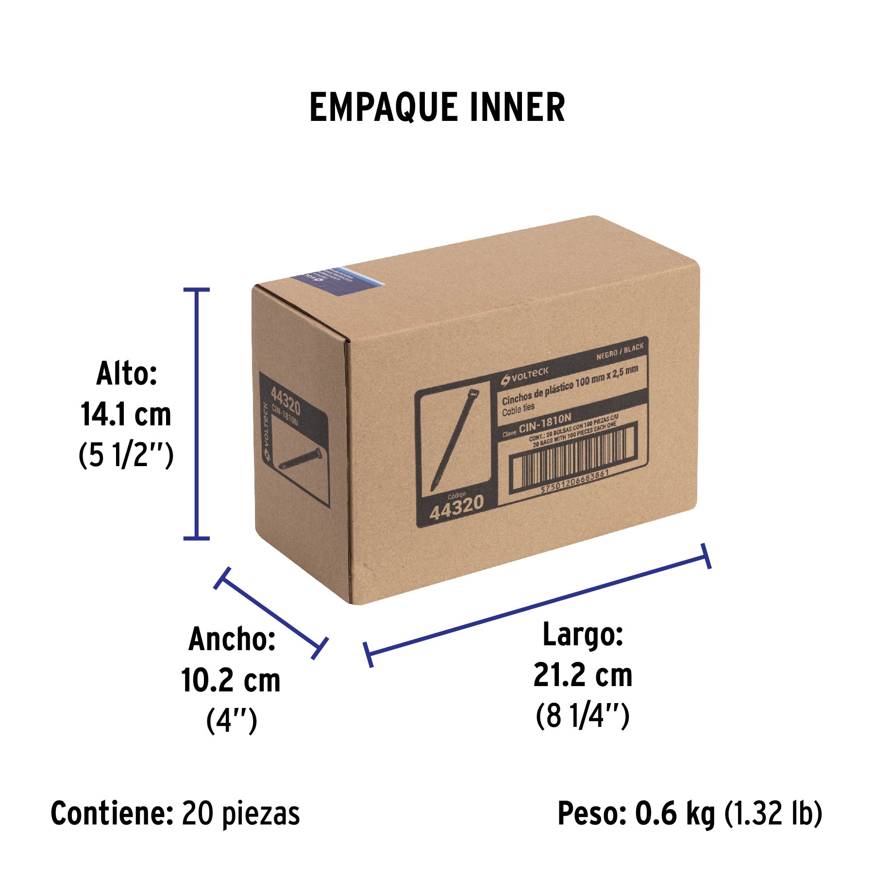 Bolsa con 100 cinchos plásticos 18 lb, 100 x 2.5 mm, negro - Empaque