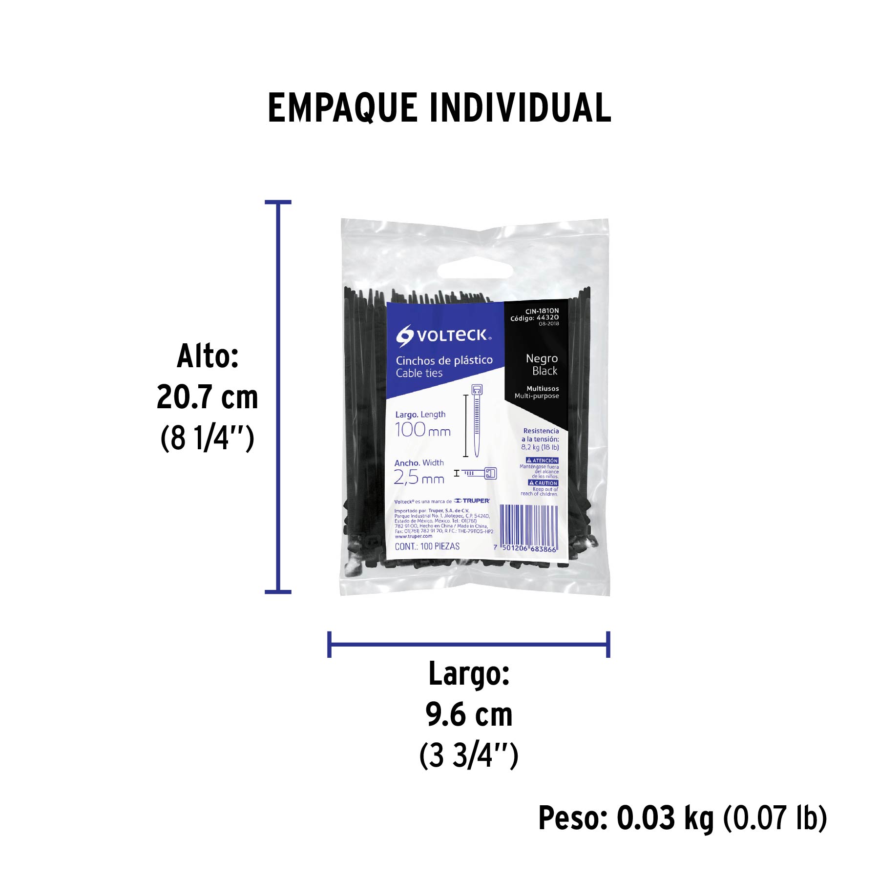 Bolsa con 100 cinchos plásticos 18 lb, 100 x 2.5 mm, negro - Empaque