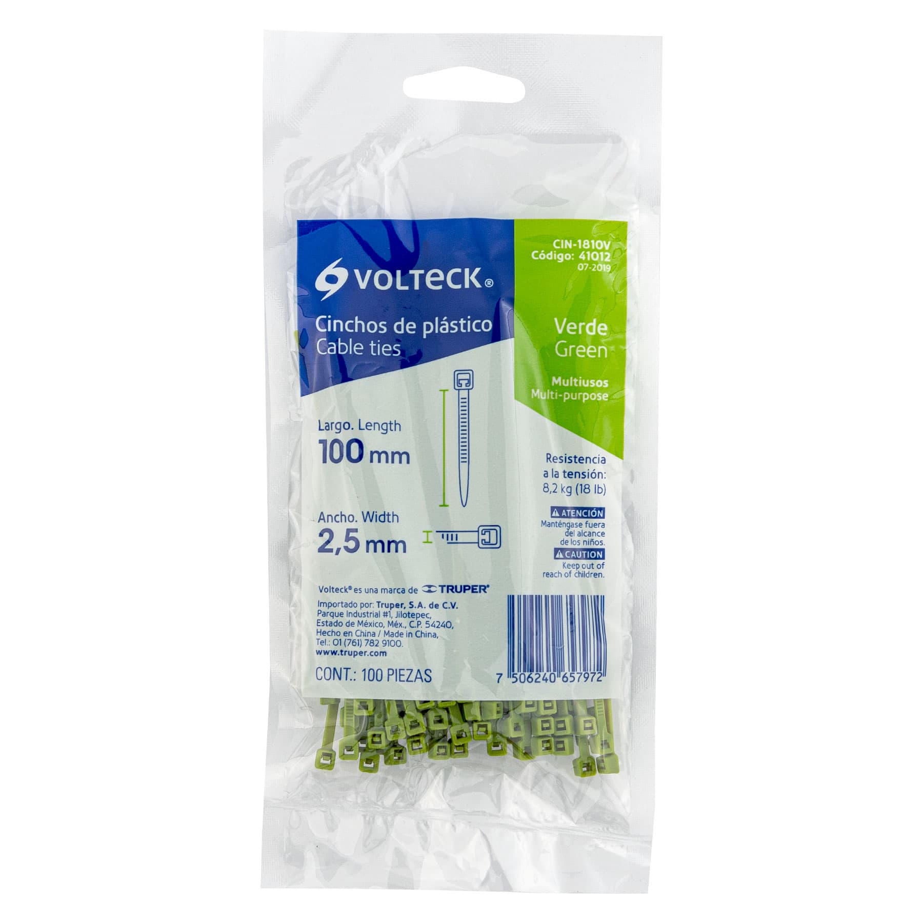 Bolsa con 100 cinchos plásticos 18 lb, 100 x 2.5 mm, verde