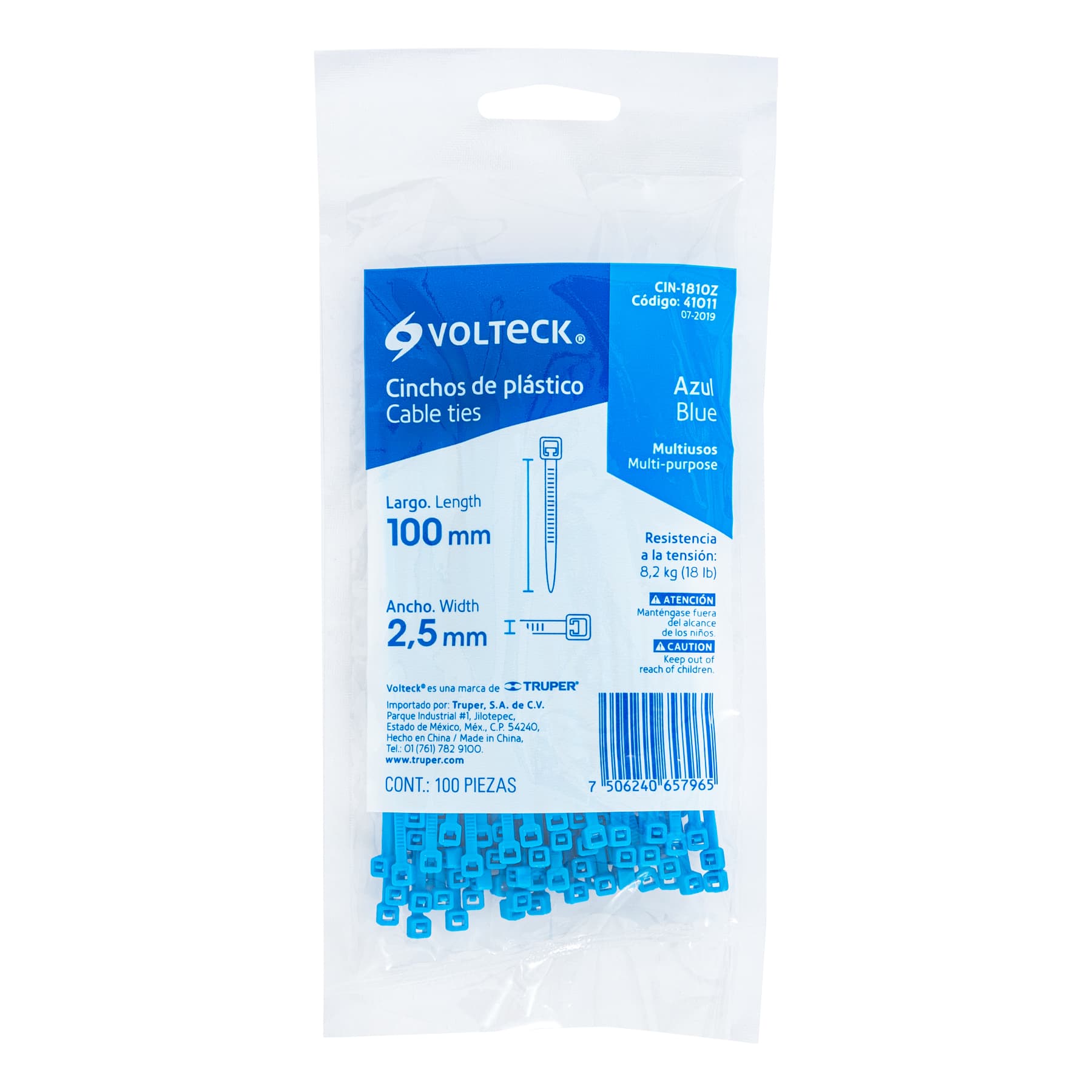 Bolsa con 100 cinchos plásticos 18 lb, 100 x 2.5 mm, azul