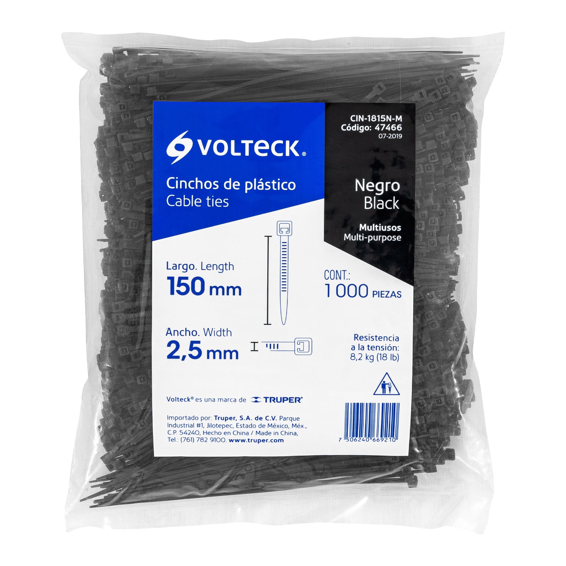 Bolsa con 1000 cinchos plásticos 18 lb, 150 x 2.5 mm, negro