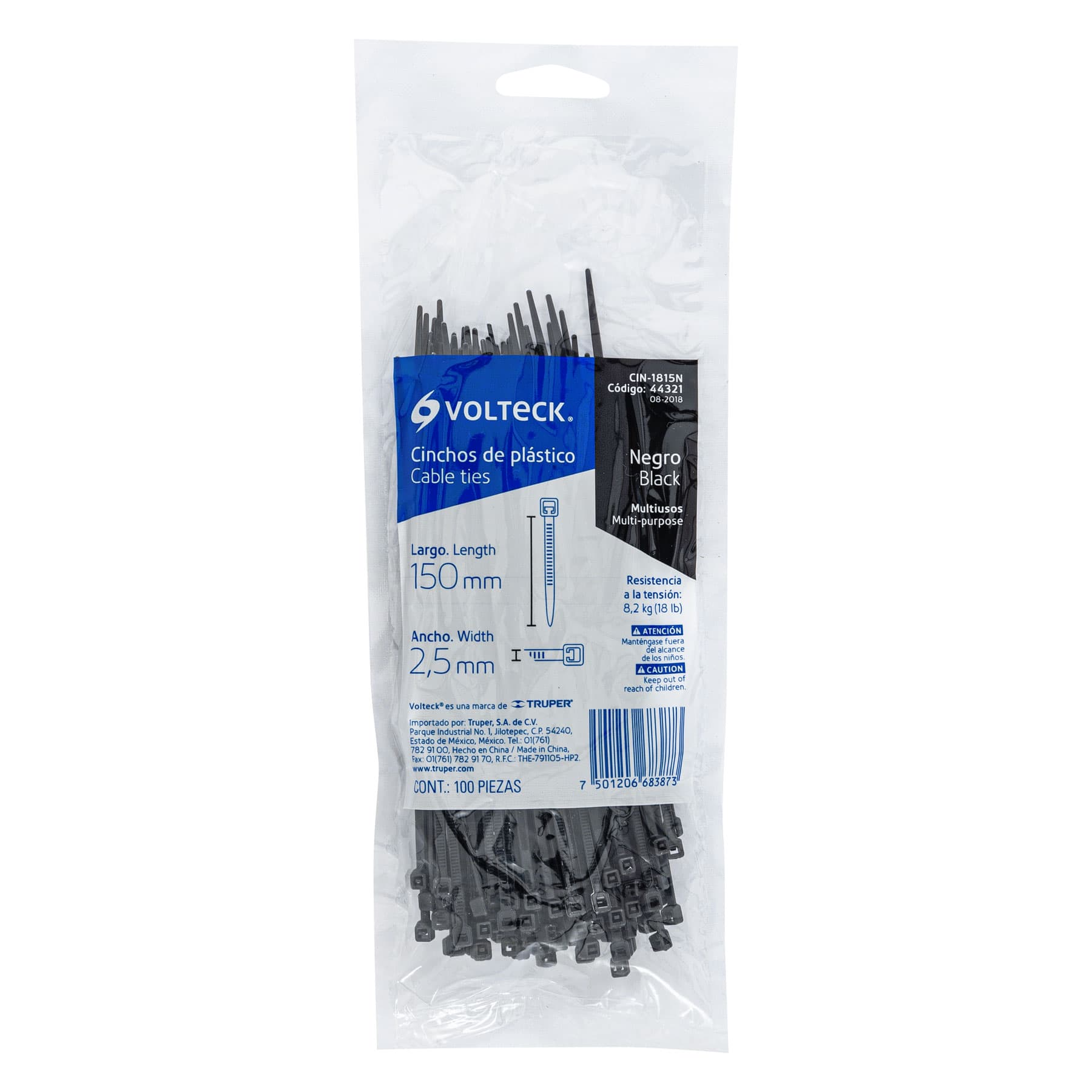 Bolsa con 100 cinchos plásticos 18 lb, 150 x 2.5 mm, negro