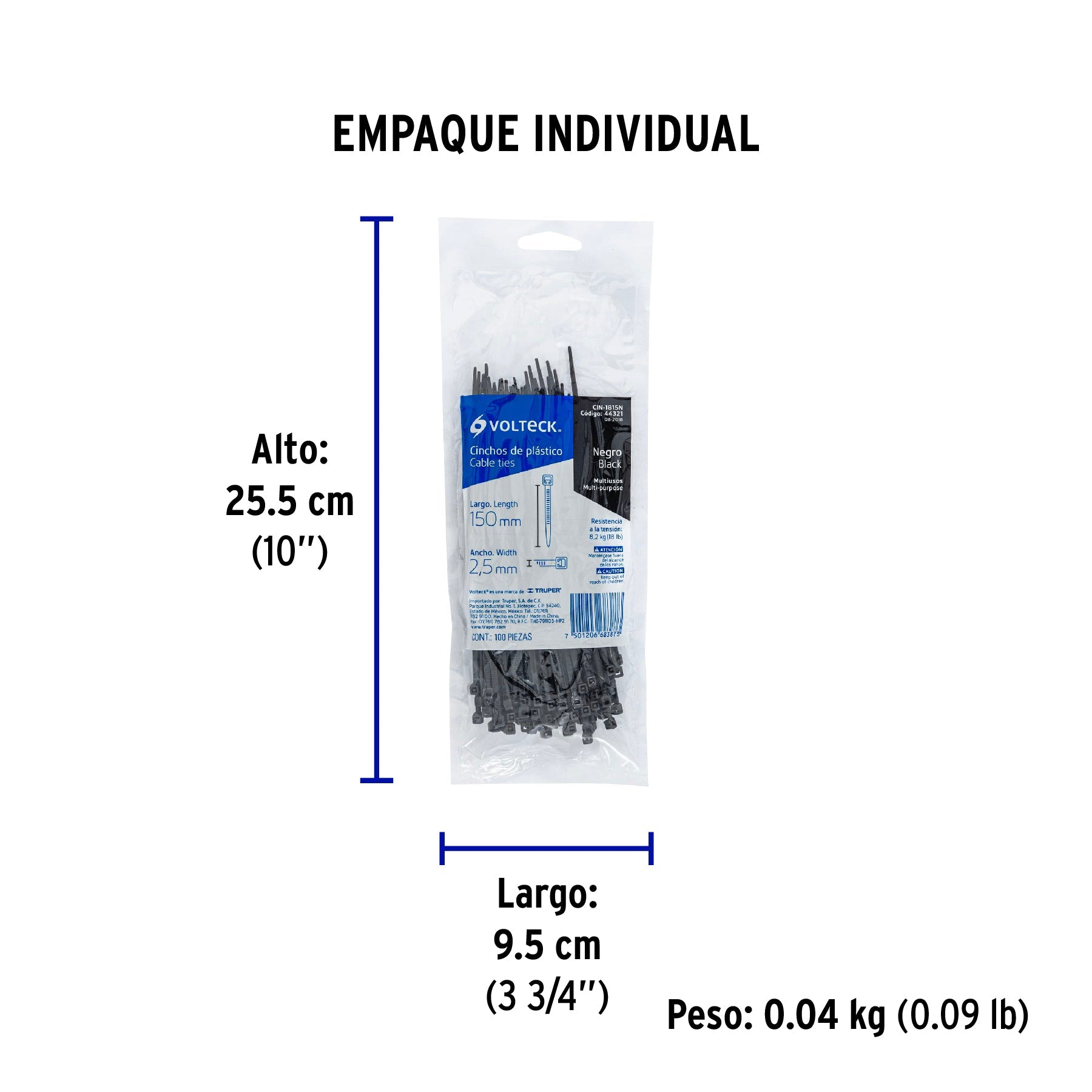 Bolsa con 100 cinchos plásticos 18 lb, 150 x 2.5 mm, negro - Empaque