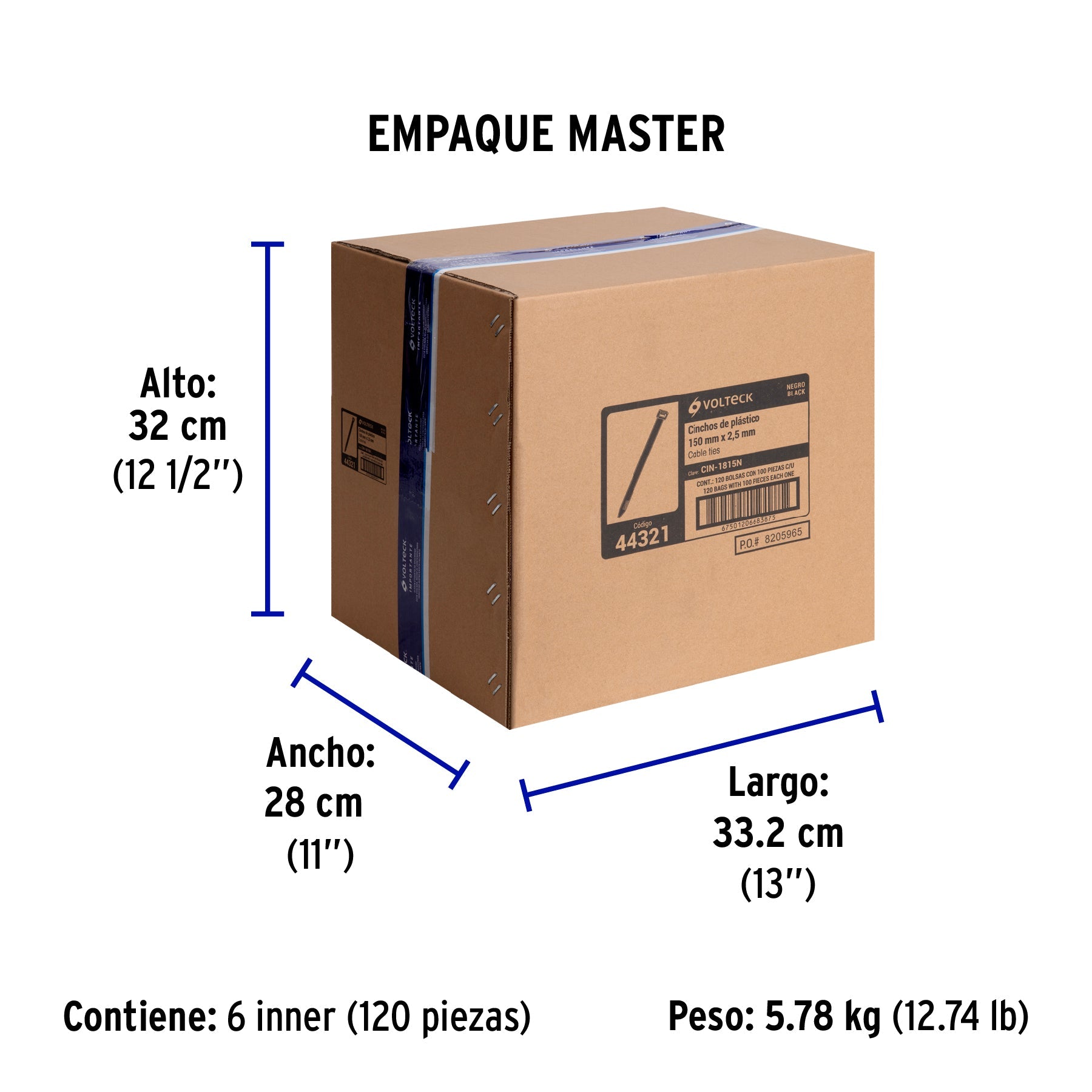 Bolsa con 100 cinchos plásticos 18 lb, 150 x 2.5 mm, negro - Empaque
