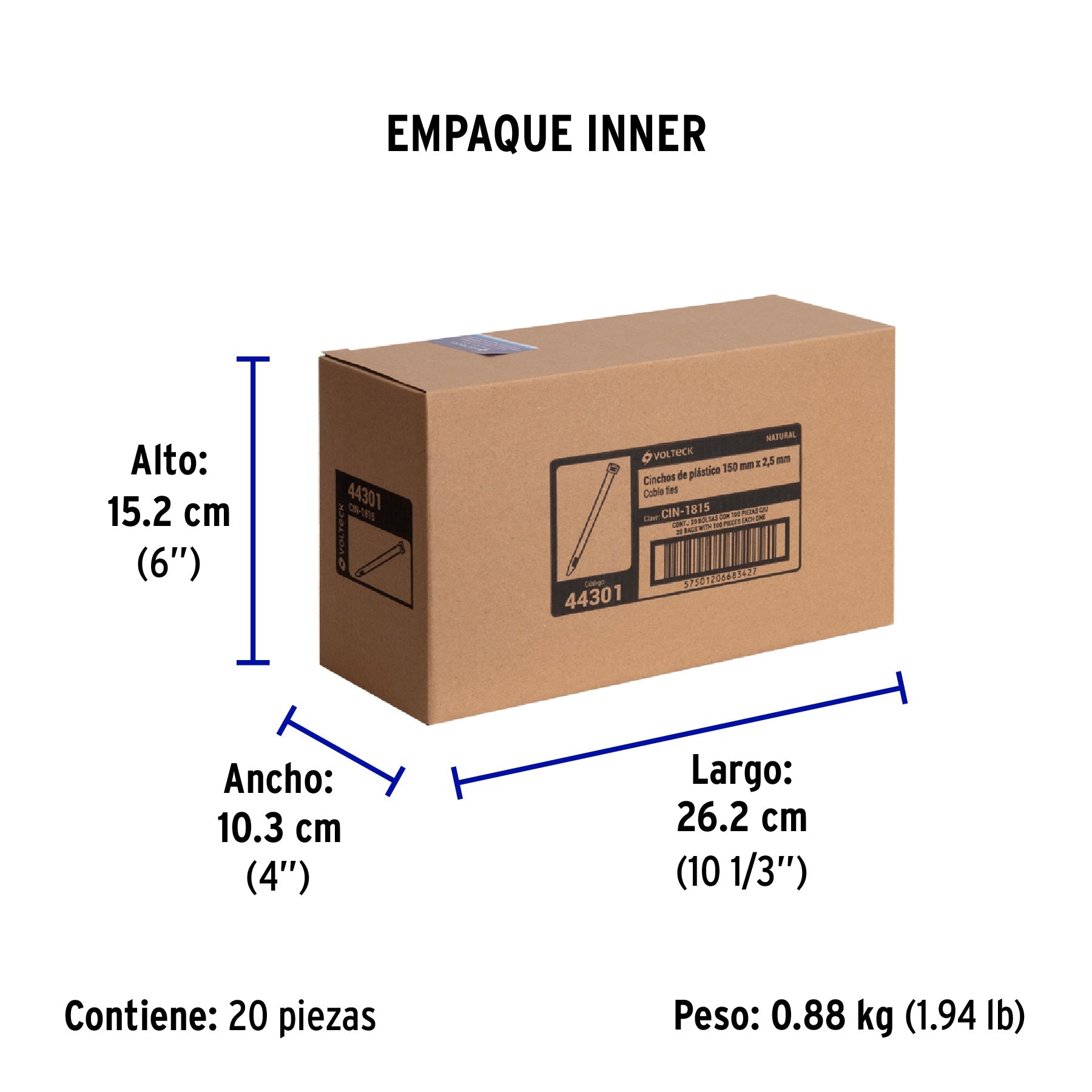 Bolsa con 100 cinchos plásticos 18 lb, 150 x 2.5 mm, natural - Empaque