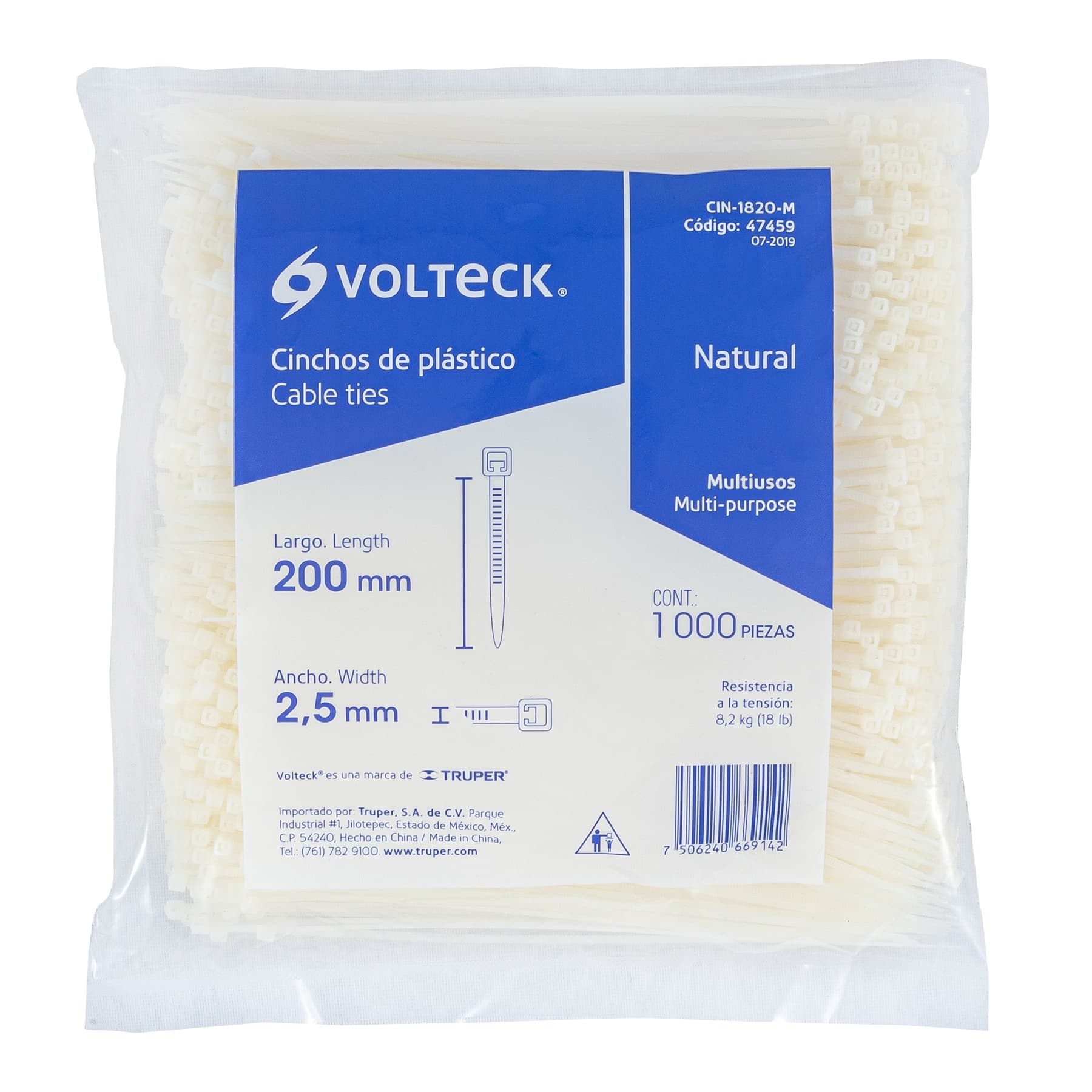 Bolsa con 1000 cinchos plásticos 18lb, 200 x 2.5 mm, natural