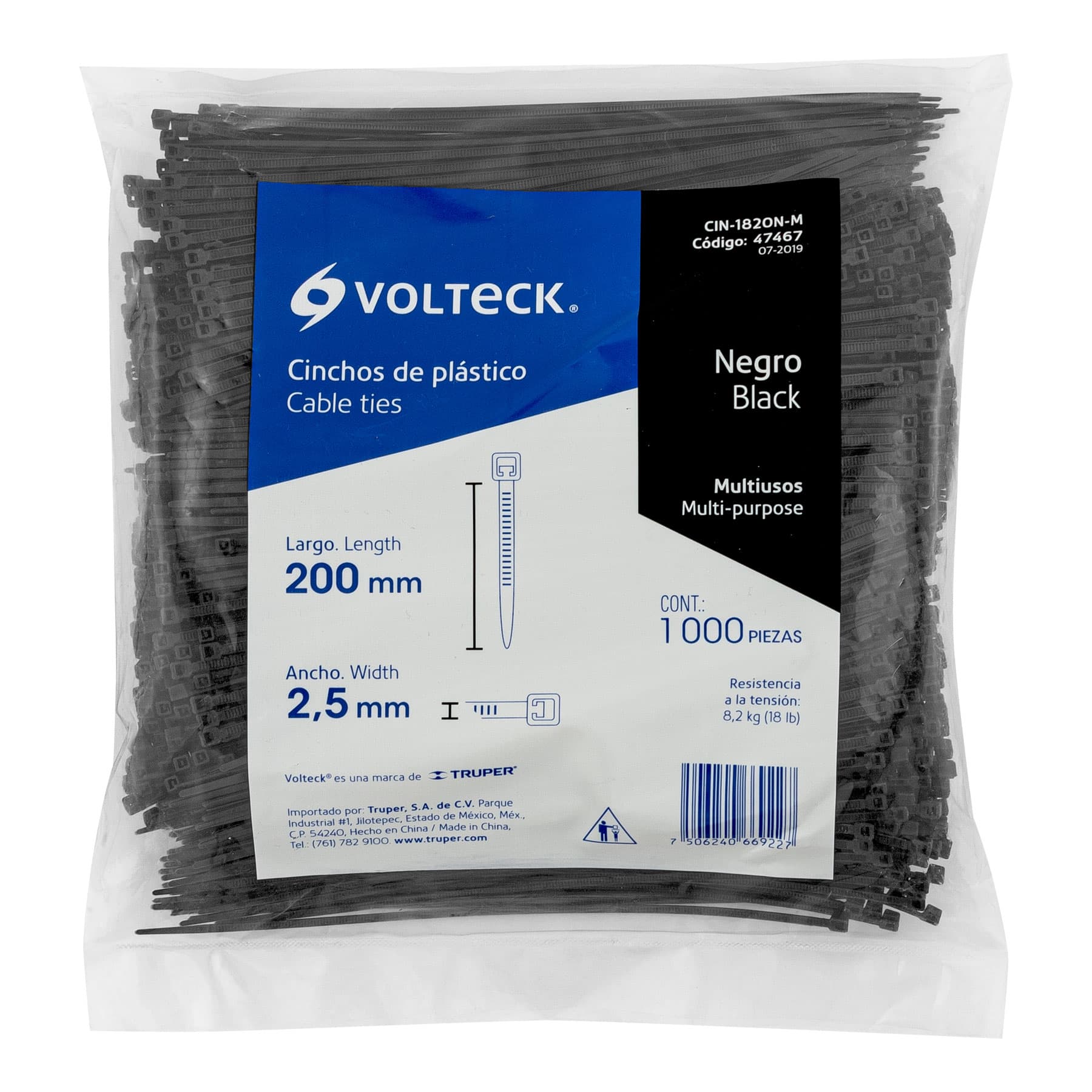 Bolsa con 1000 cinchos plásticos 18 lb, 200 x 2.5 mm, negro