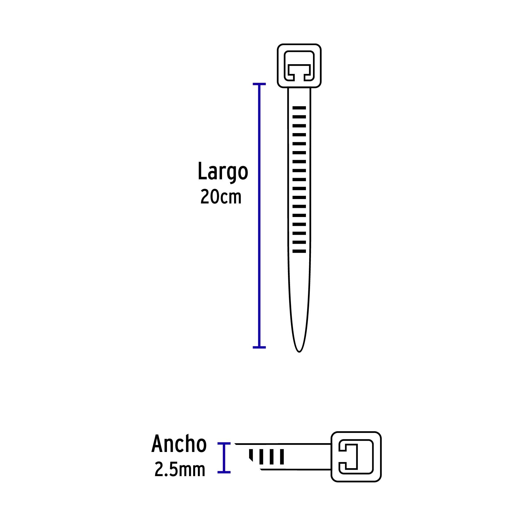 Bolsa con 100 cinchos plásticos 18 lb, 200 x 2.5 mm, negro