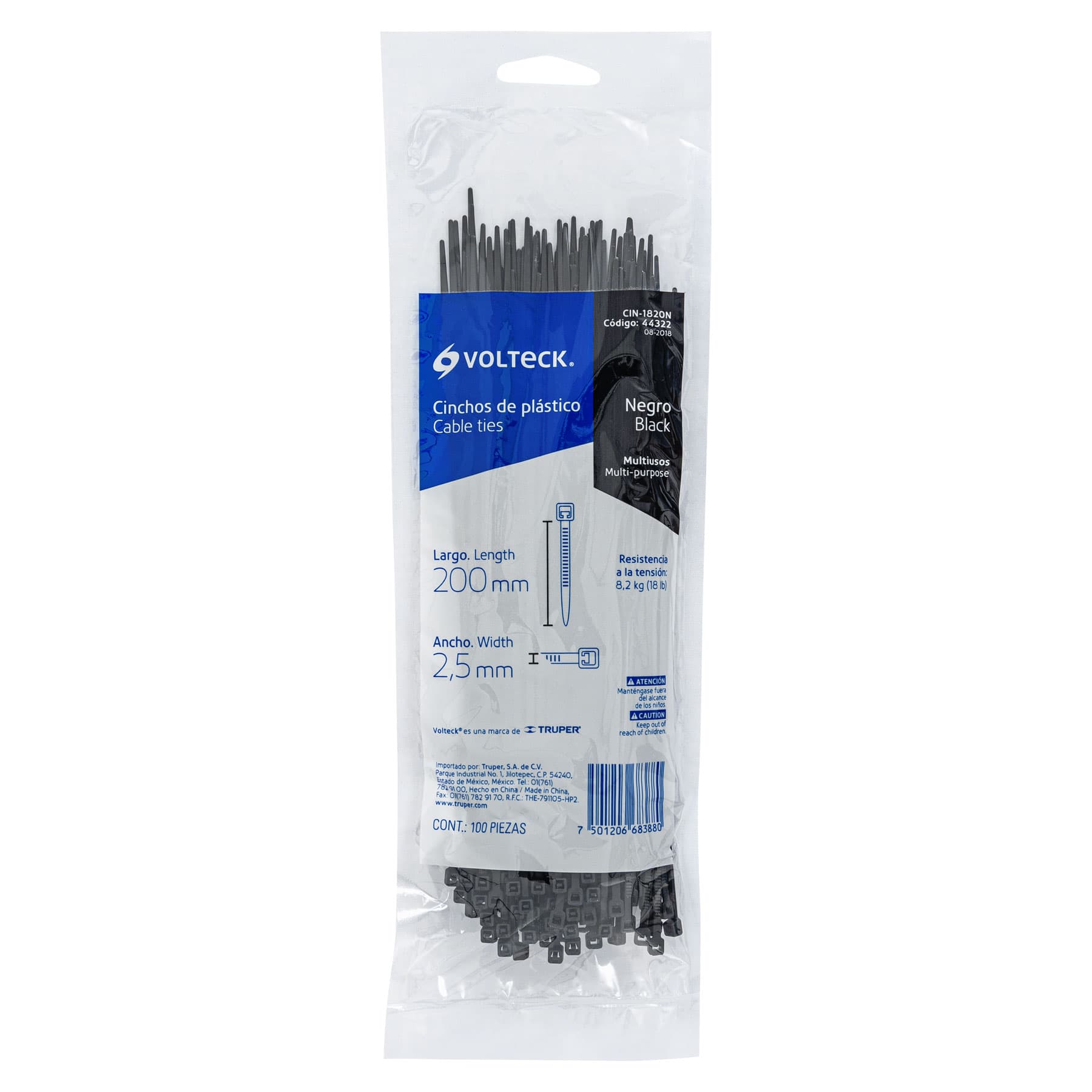 Bolsa con 100 cinchos plásticos 18 lb, 200 x 2.5 mm, negro