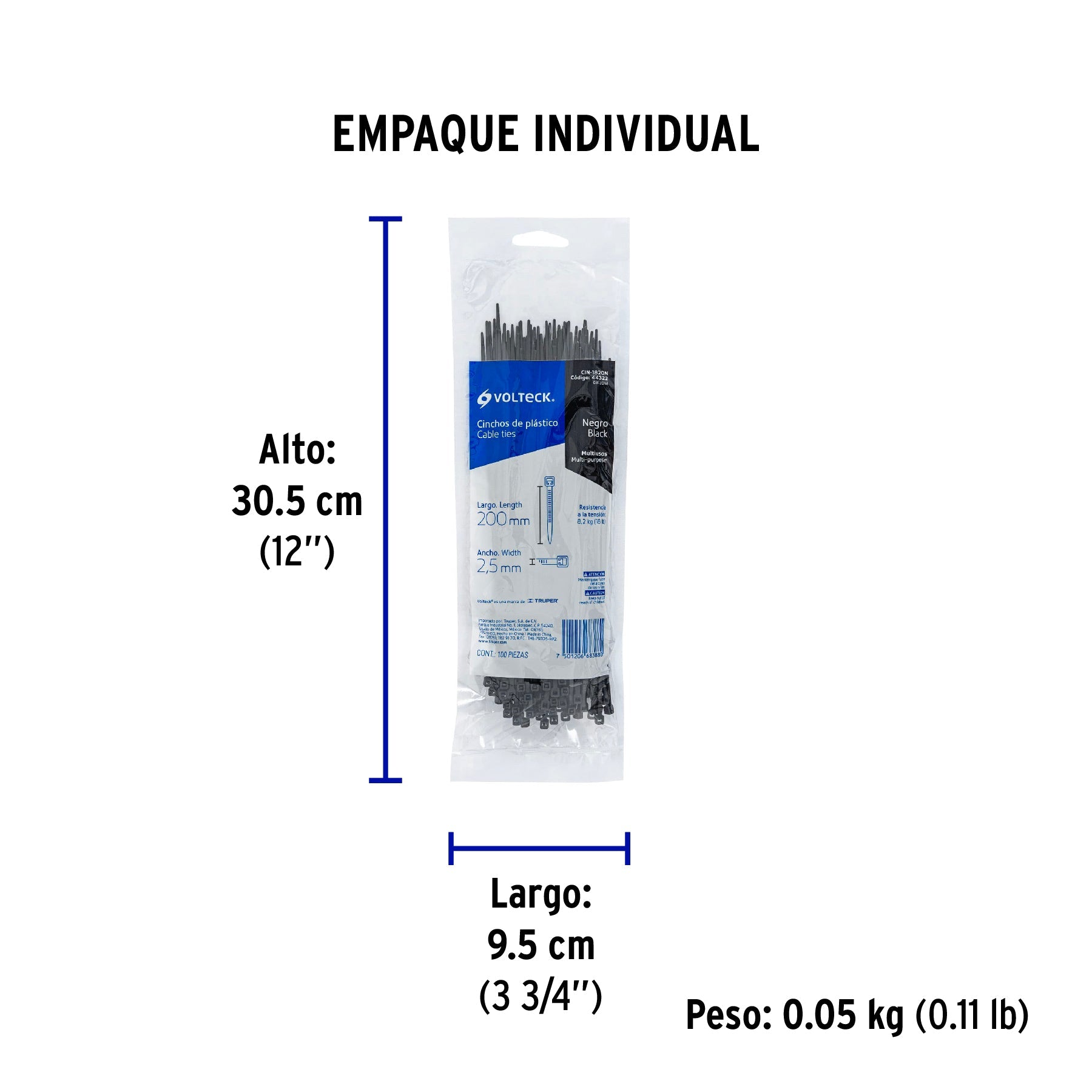 Bolsa con 100 cinchos plásticos 18 lb, 200 x 2.5 mm, negro - Empaque