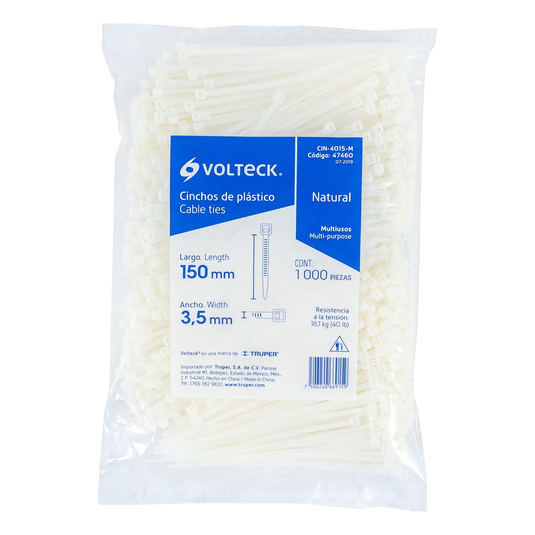 Bolsa con 1000 cinchos plásticos 40lb, 150 x 3.5 mm, natural