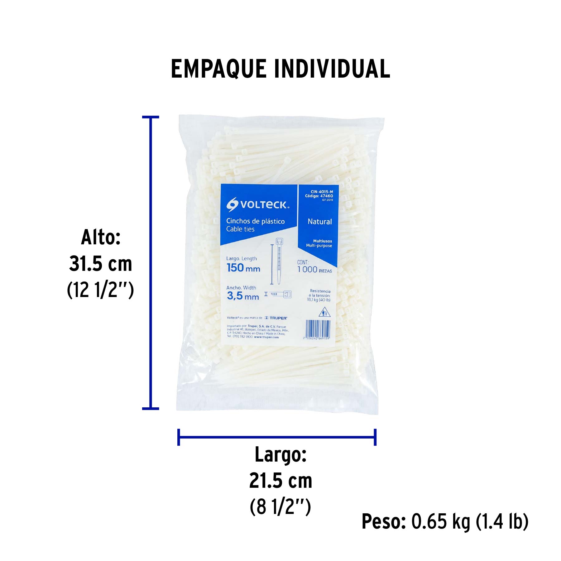 Bolsa con 1000 cinchos plásticos 40lb, 150 x 3.5 mm, natural - Empaque