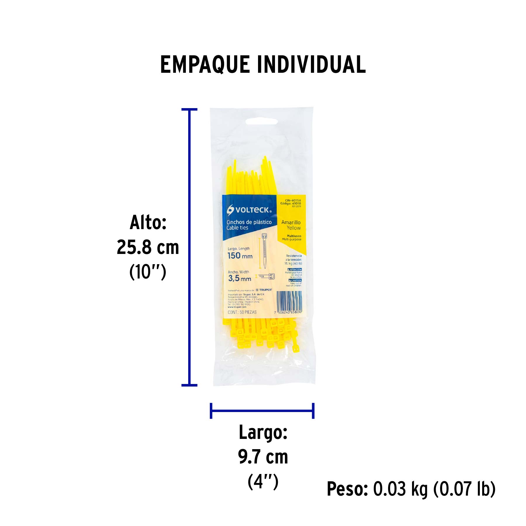 Bolsa con 50 cinchos plásticos 40 lb, 150 x 3.5 mm, amarillo - Empaque