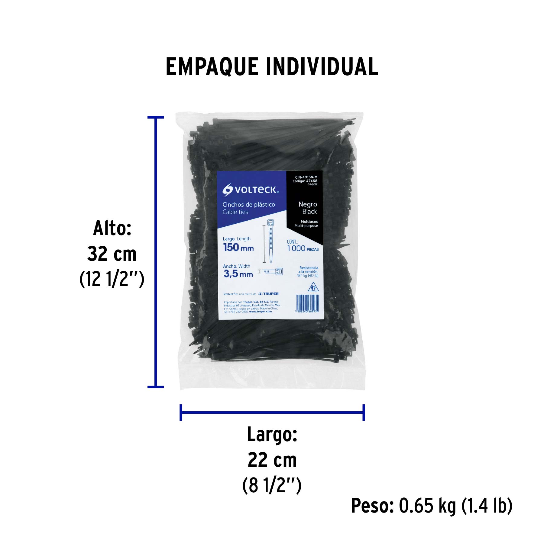 Bolsa con 1000 cinchos plásticos 40 lb, 150 x 3.5 mm, negro - Empaque