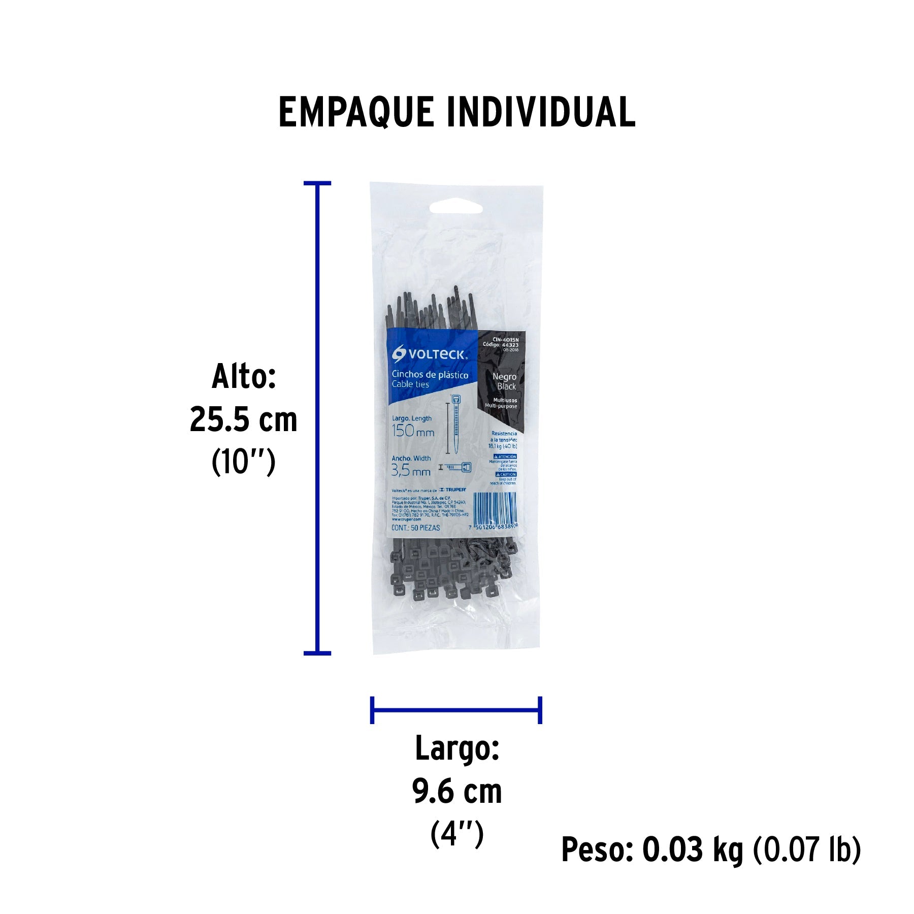 Bolsa con 50 cinchos plásticos 40 lb, 150 x 3.5 mm, negro - Empaque