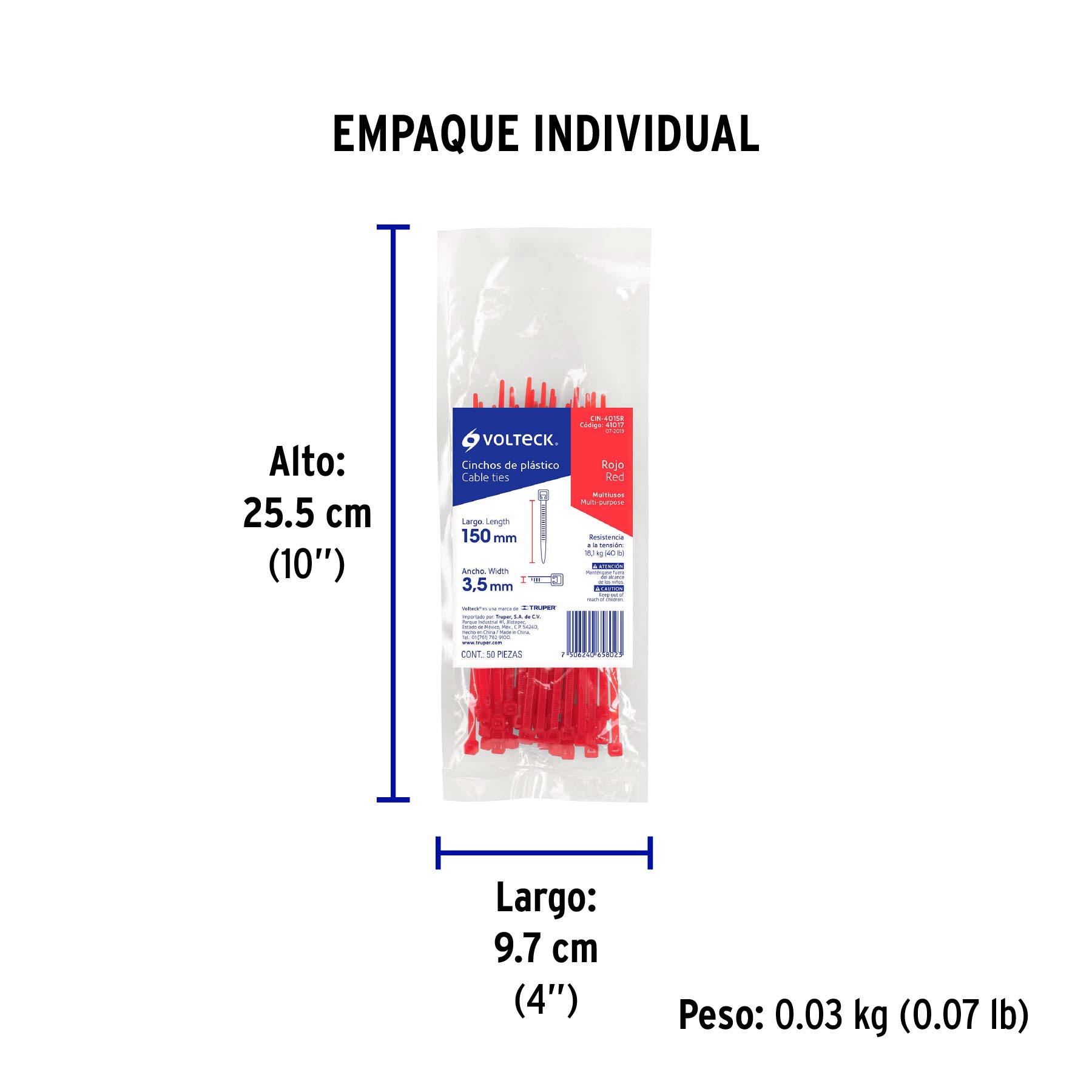 Bolsa con 50 cinchos plásticos 40 lb, 150 x 3.5 mm, rojo - Empaque