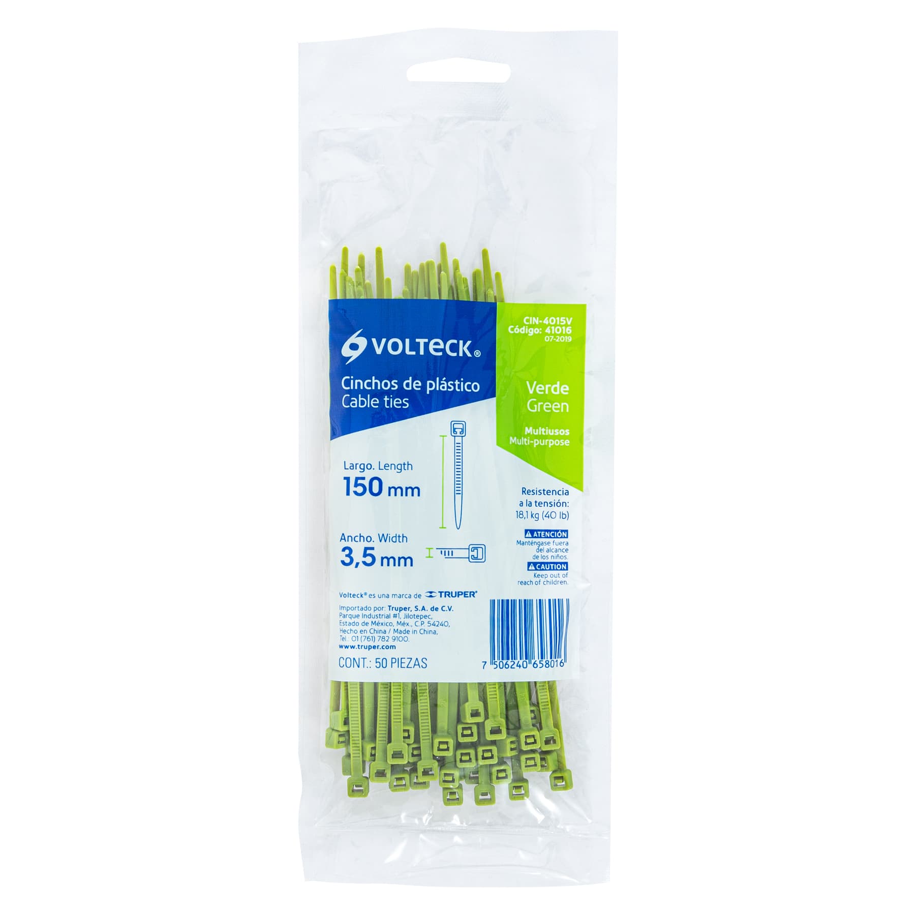 Bolsa con 50 cinchos plásticos 40 lb, 150 x 3.5 mm, verde
