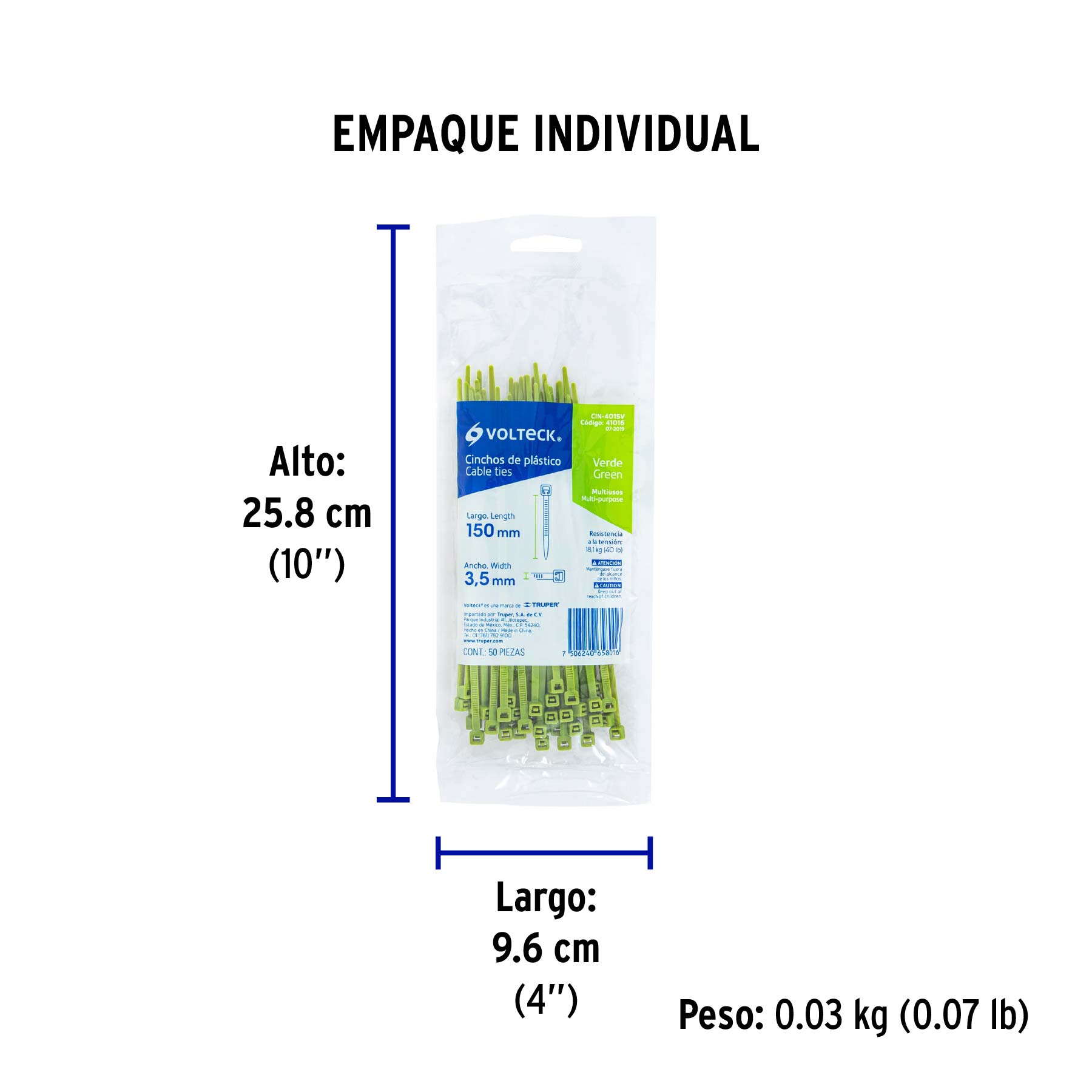 Bolsa con 50 cinchos plásticos 40 lb, 150 x 3.5 mm, verde - Empaque