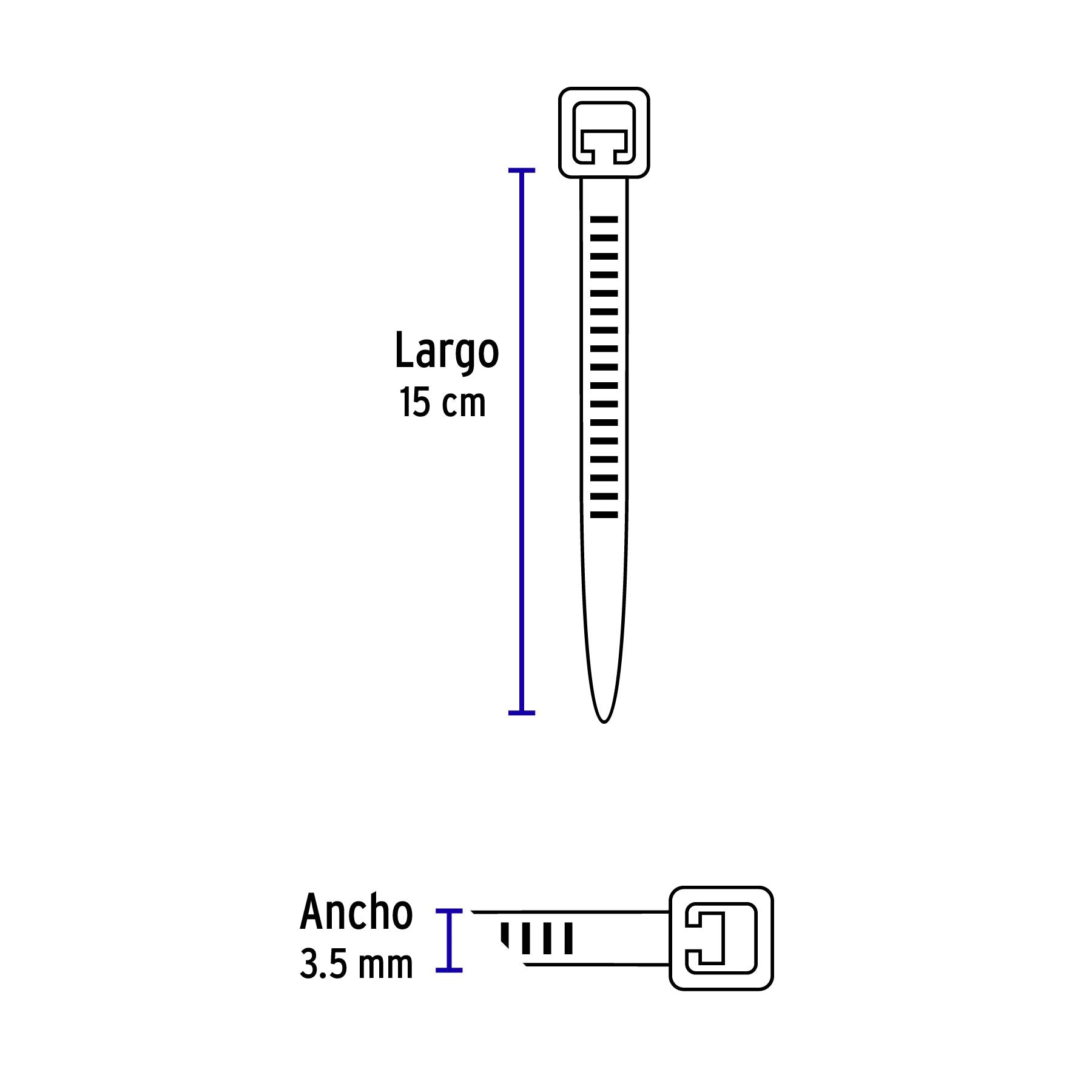 Bolsa con 50 cinchos plásticos 40 lb, 150 x 3.5 mm, azul