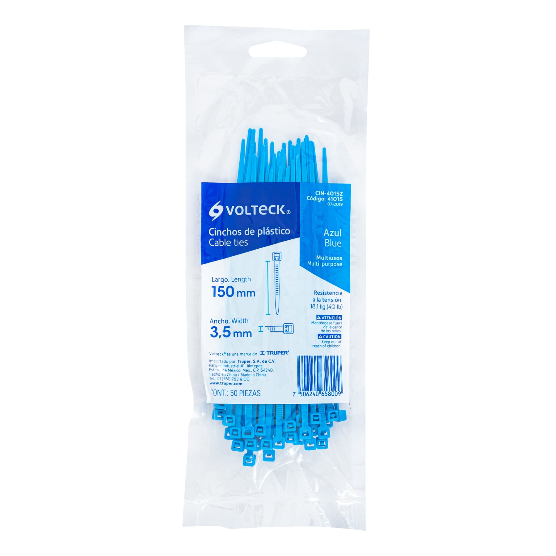 Bolsa con 50 cinchos plásticos 40 lb, 150 x 3.5 mm, azul