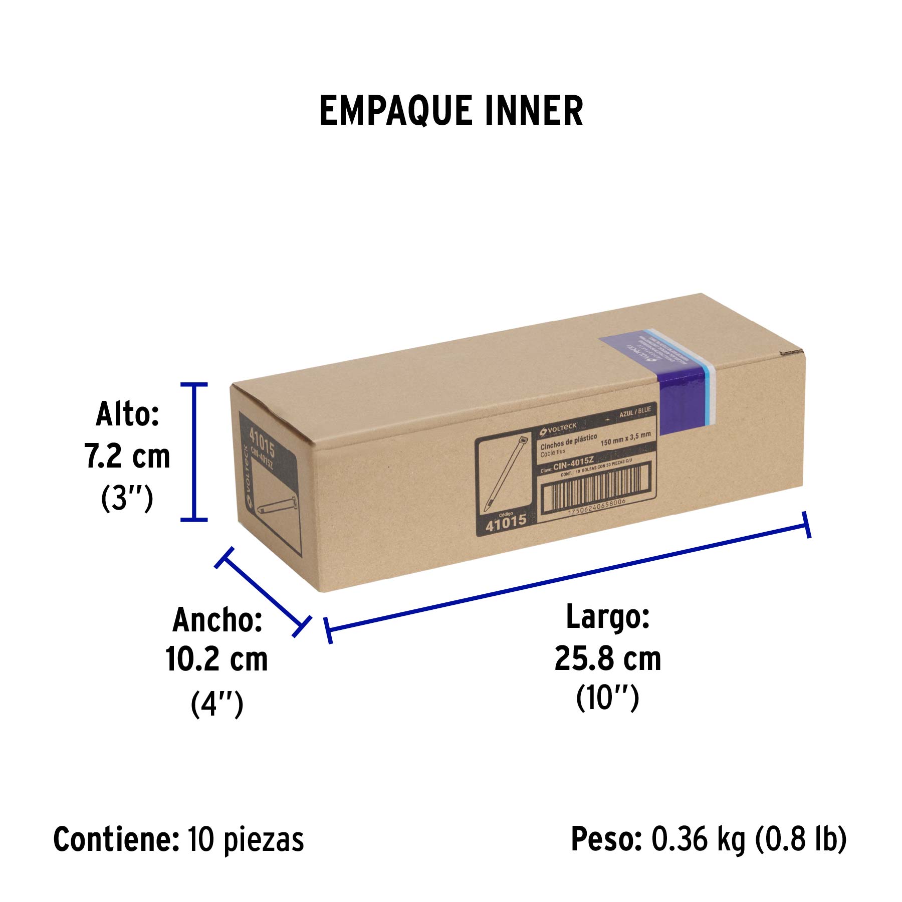 Bolsa con 50 cinchos plásticos 40 lb, 150 x 3.5 mm, azul - Empaque