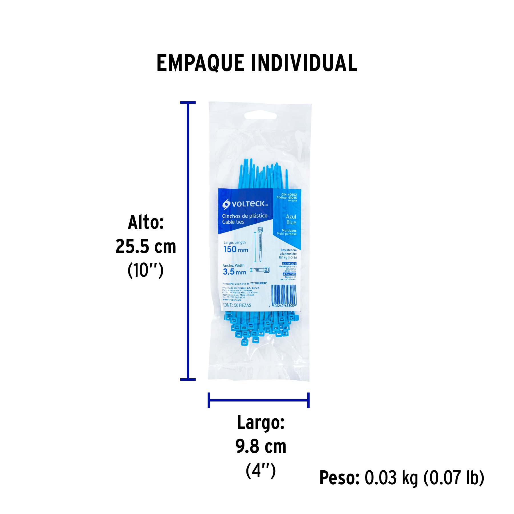 Bolsa con 50 cinchos plásticos 40 lb, 150 x 3.5 mm, azul - Empaque