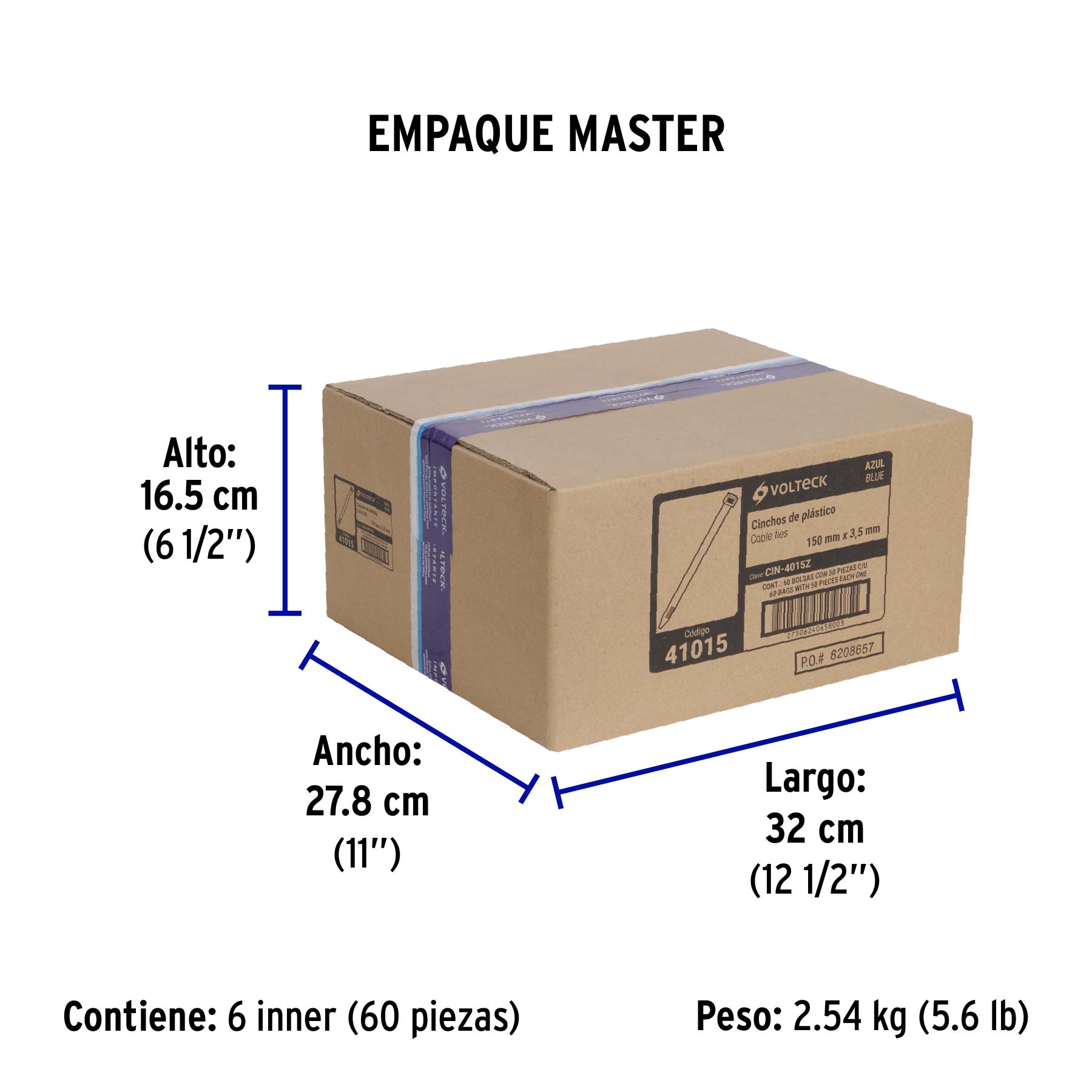 Bolsa con 50 cinchos plásticos 40 lb, 150 x 3.5 mm, azul - Empaque