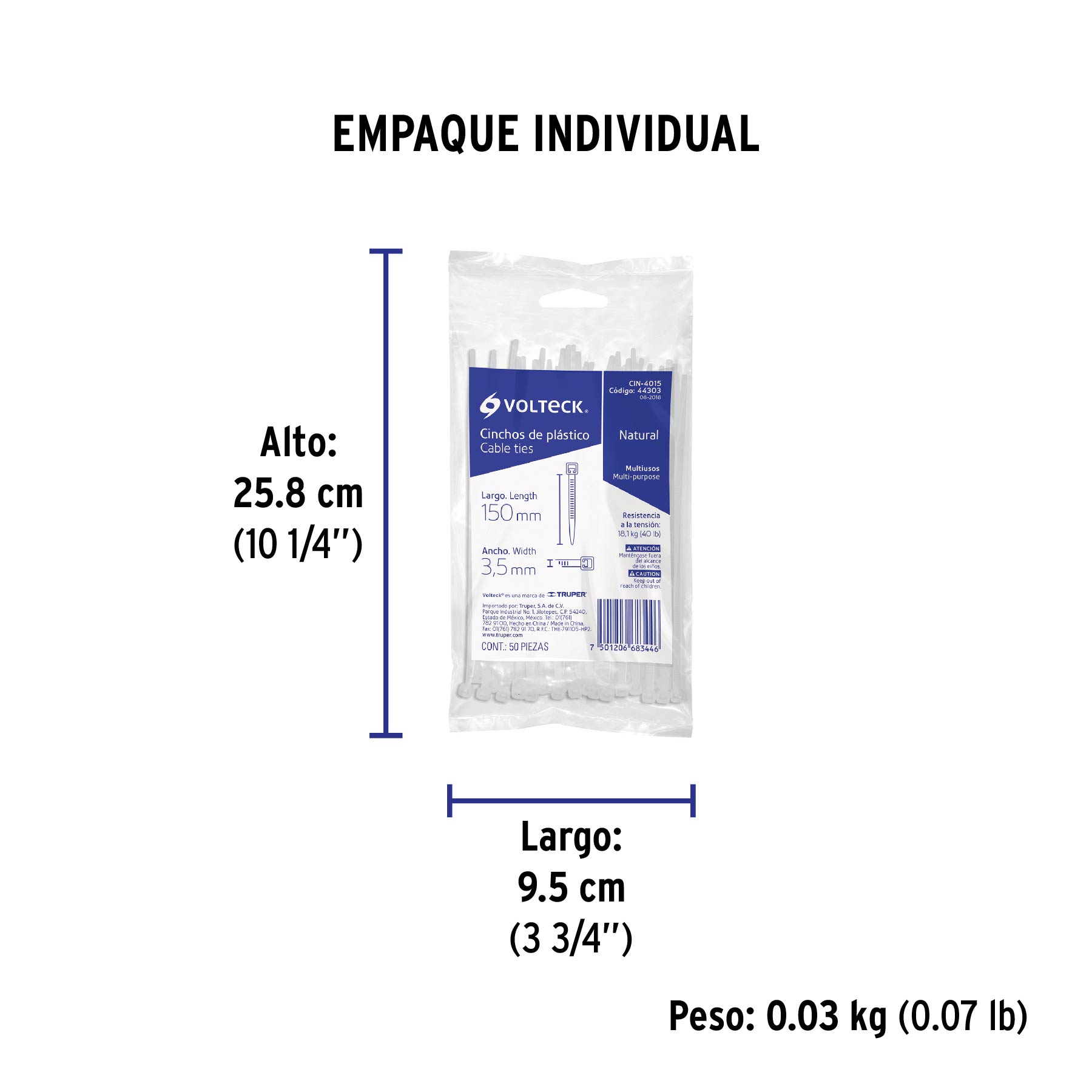 Bolsa con 50 cinchos plásticos 40 lb, 150 x 3.5 mm, natural - Empaque