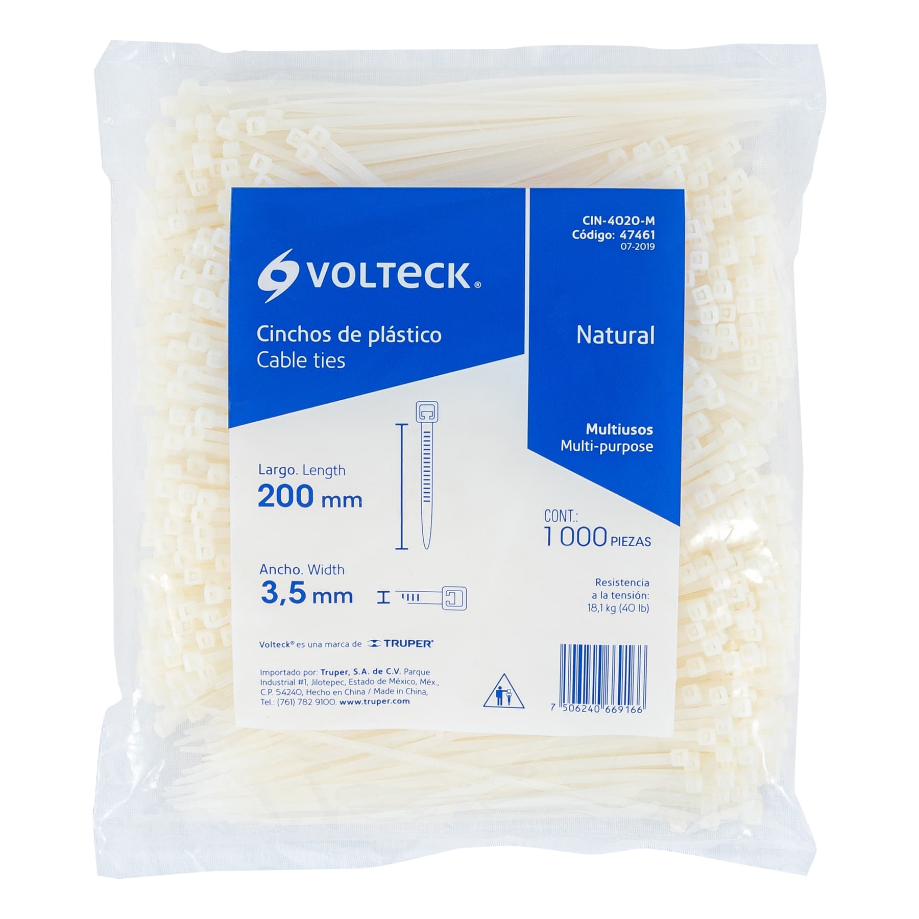 Bolsa con 1000 cinchos plásticos 40lb, 200 x 3.5 mm, natural