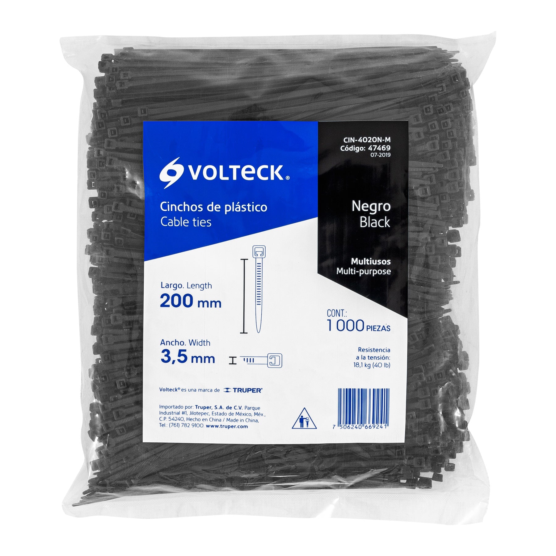 Bolsa con 1000 cinchos plásticos 40 lb, 200 x 3.5 mm, negro