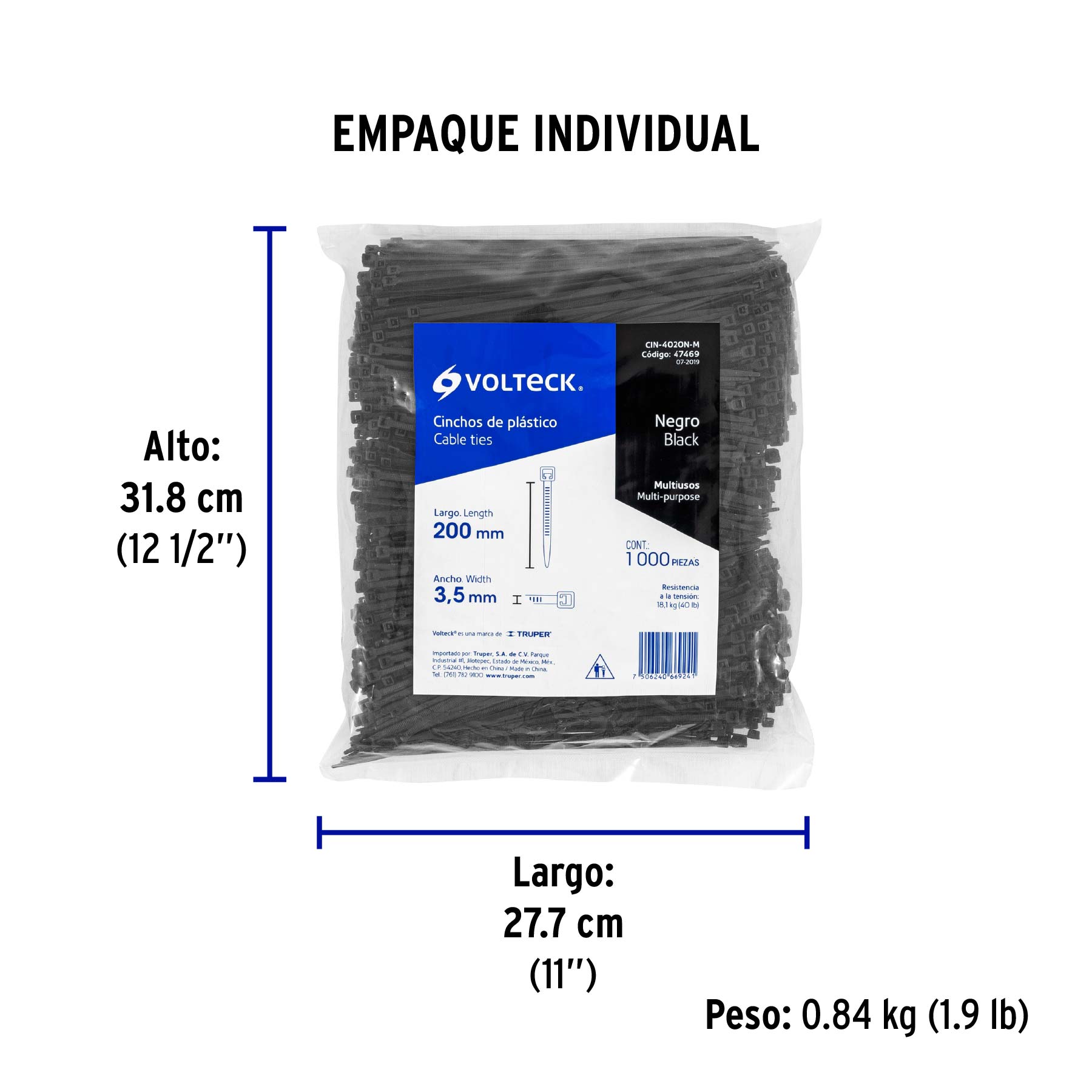 Bolsa con 1000 cinchos plásticos 40 lb, 200 x 3.5 mm, negro - Empaque