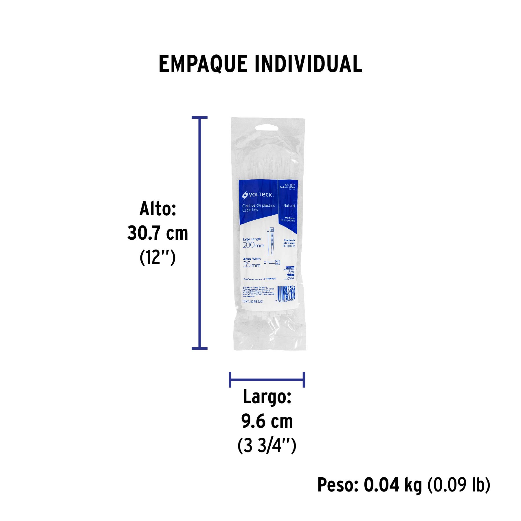 Bolsa con 50 cinchos plásticos 40 lb, 200 x 3.5 mm, natural - Empaque