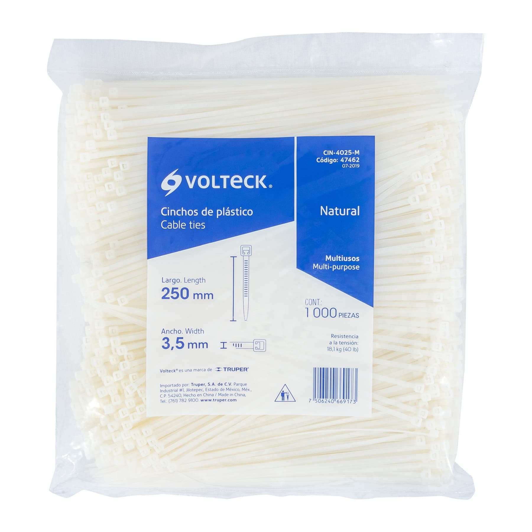 Bolsa con 1000 cinchos plásticos 40lb, 250 x 3.5 mm, natural