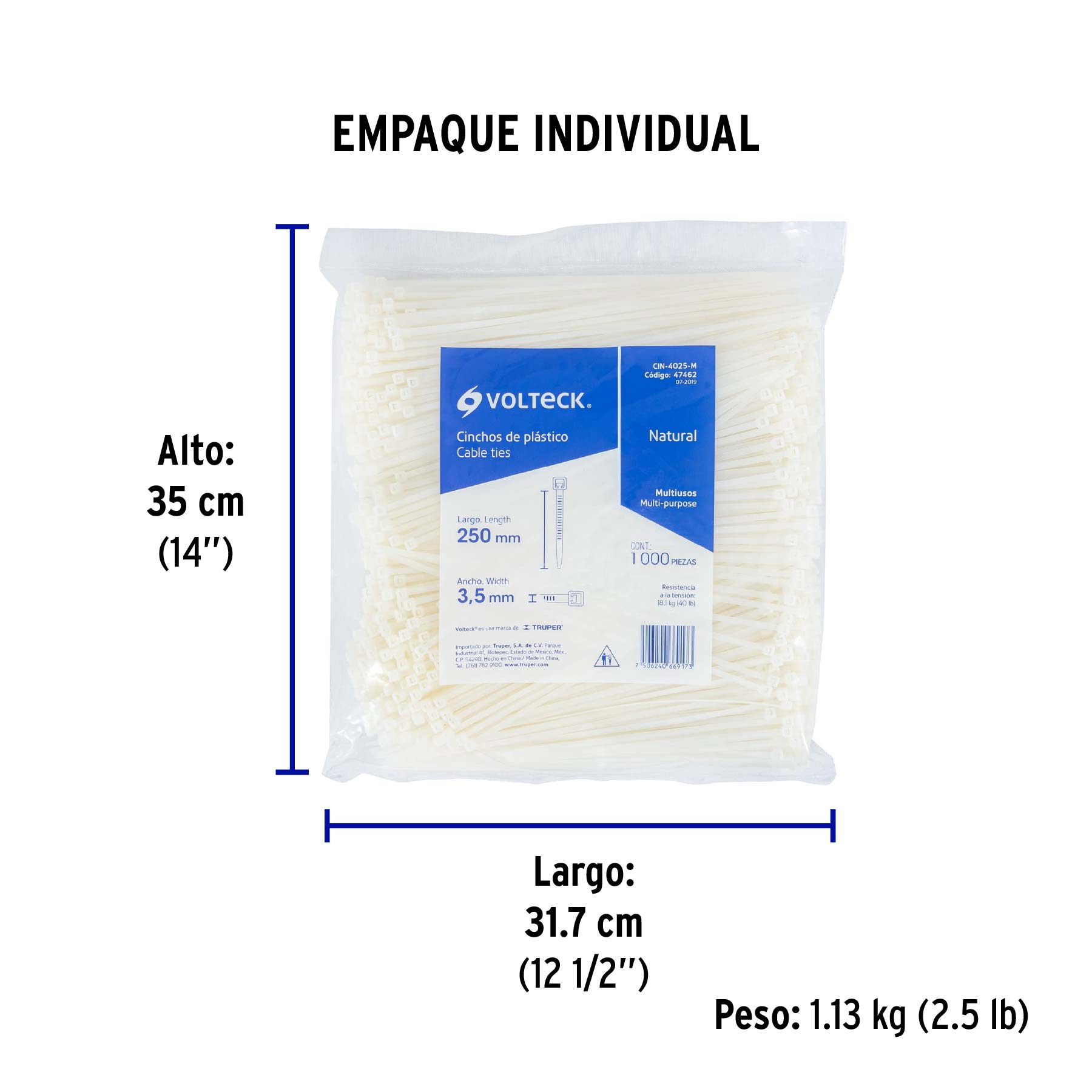 Bolsa con 1000 cinchos plásticos 40lb, 250 x 3.5 mm, natural - Empaque
