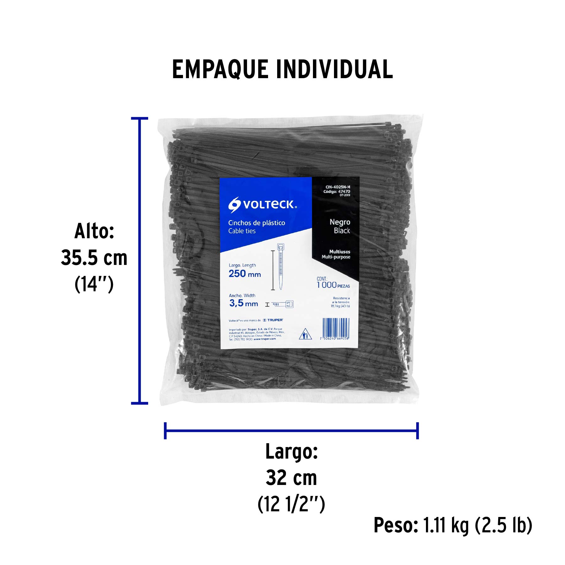 Bolsa con 1000 cinchos plásticos 40 lb, 250 x 3.5 mm, negro - Empaque