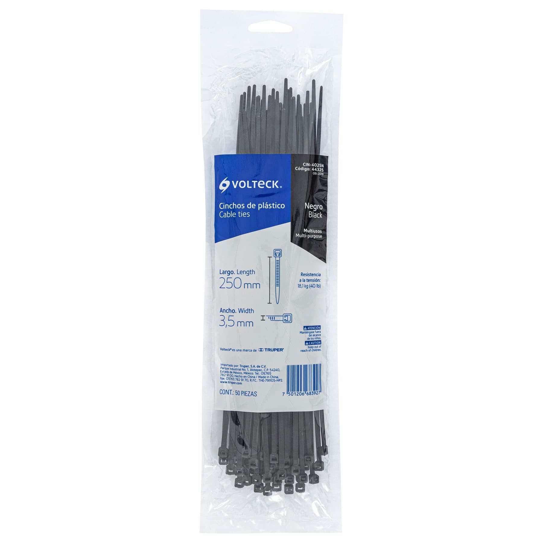 Bolsa con 50 cinchos plásticos 40 lb, 250 x 3.5 mm, negro