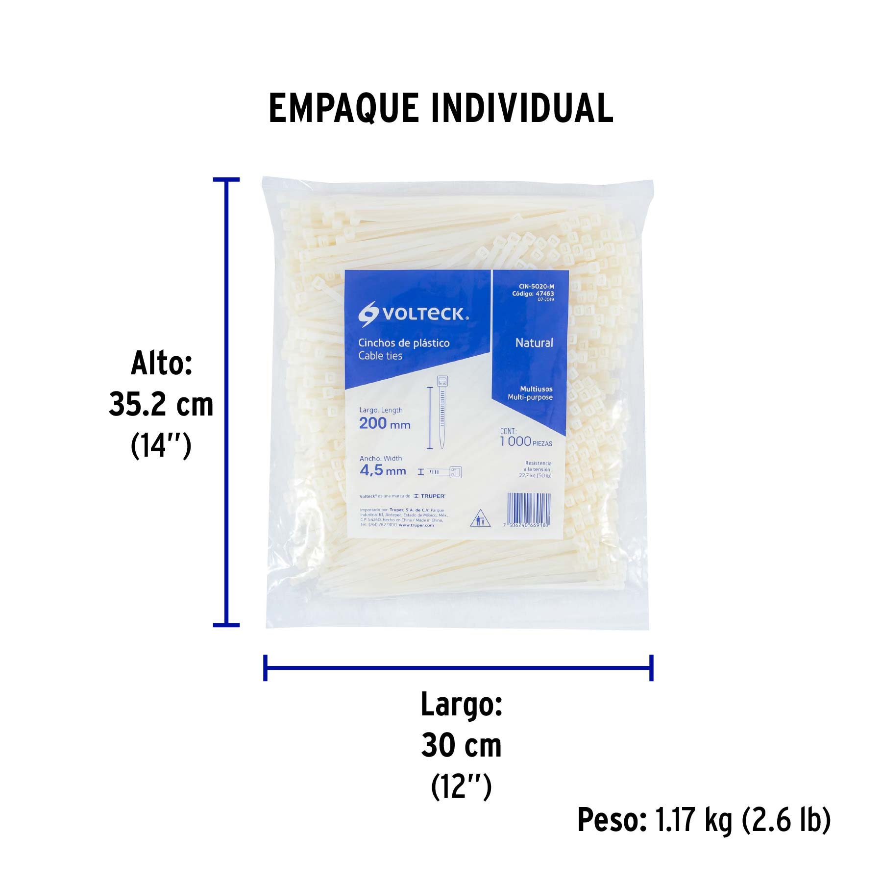 Bolsa con 1000 cinchos plásticos 50lb, 200 x 4.5 mm, natural - Empaque