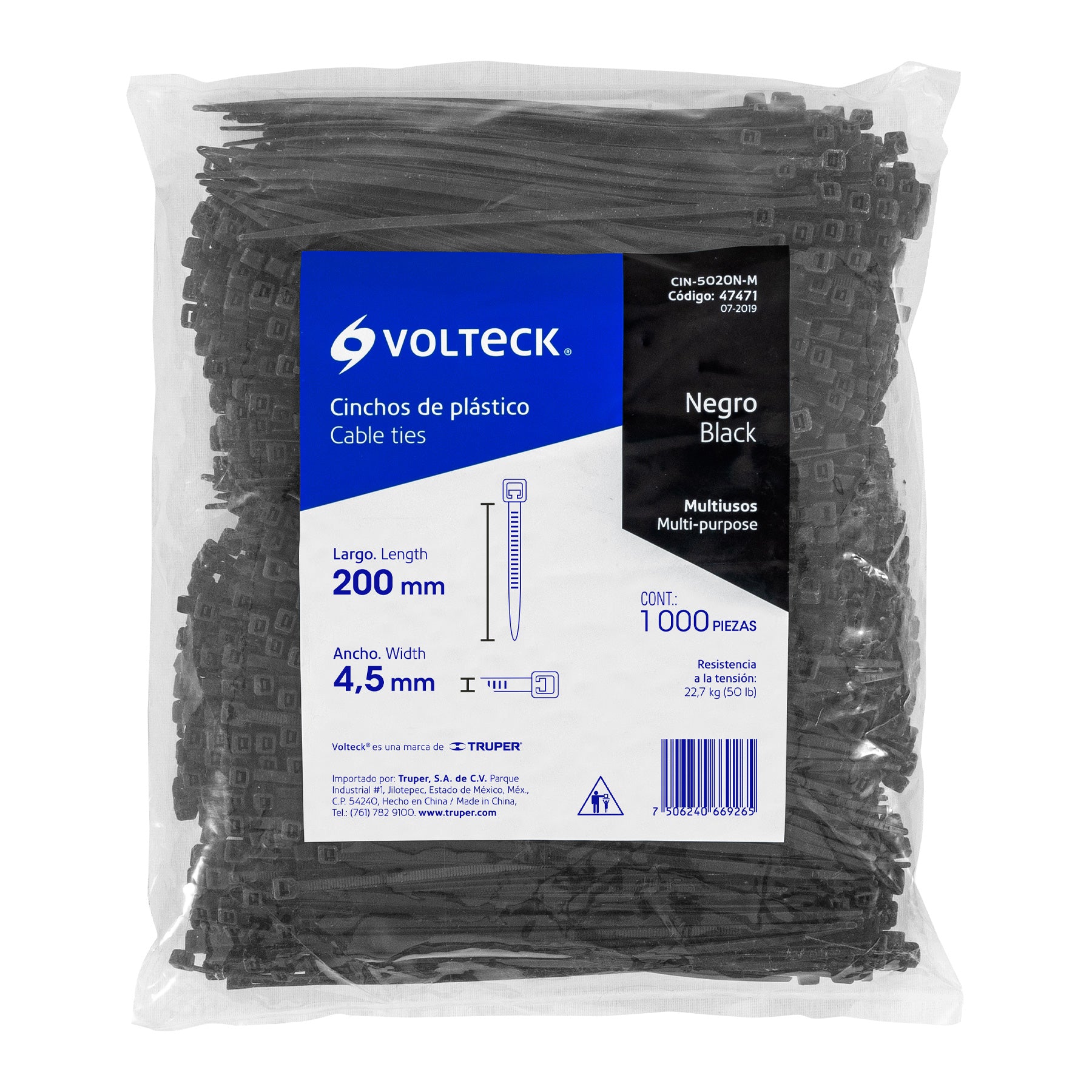 Bolsa con 1000 cinchos plásticos 50 lb, 200 x 4.5 mm, negro