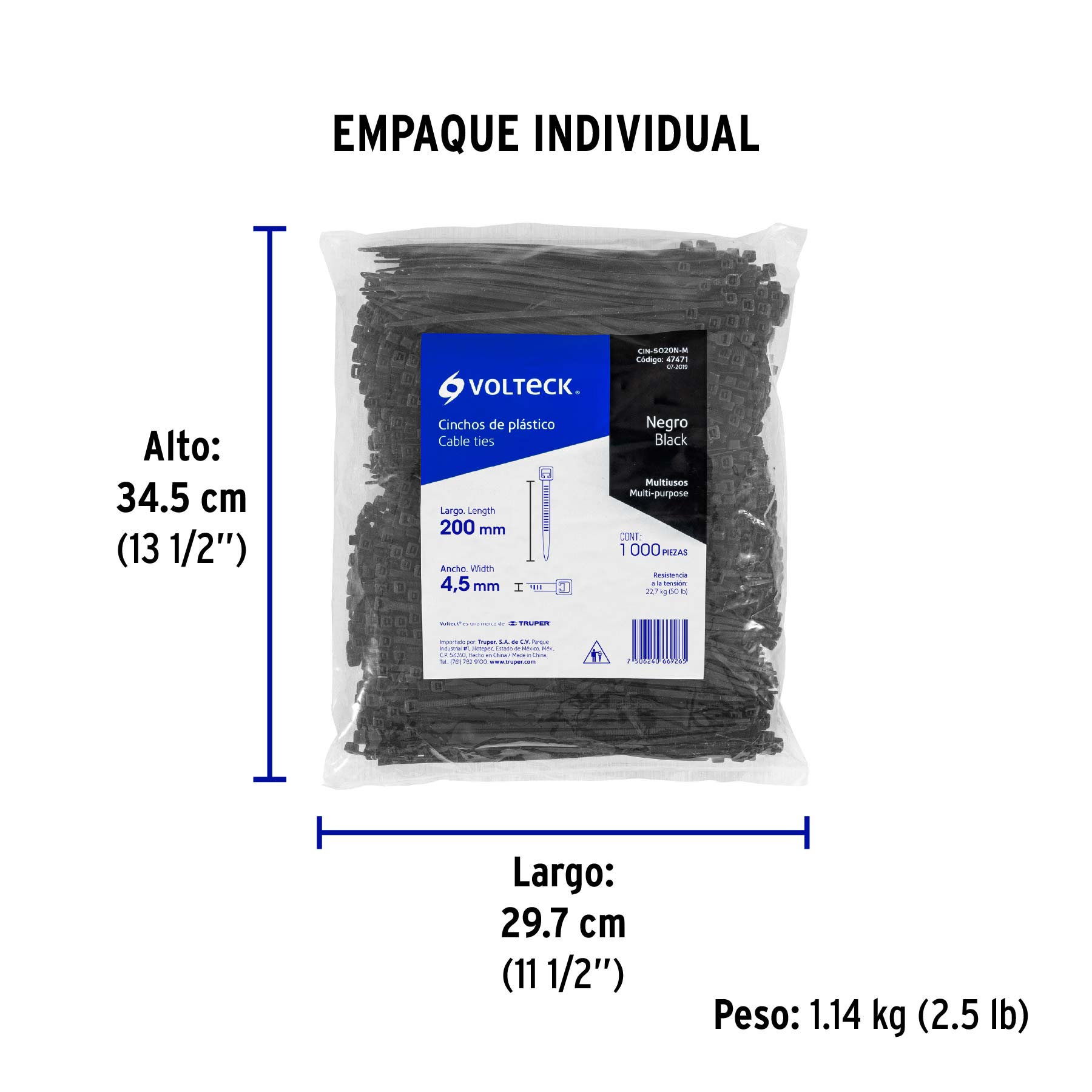 Bolsa con 1000 cinchos plásticos 50 lb, 200 x 4.5 mm, negro - Empaque