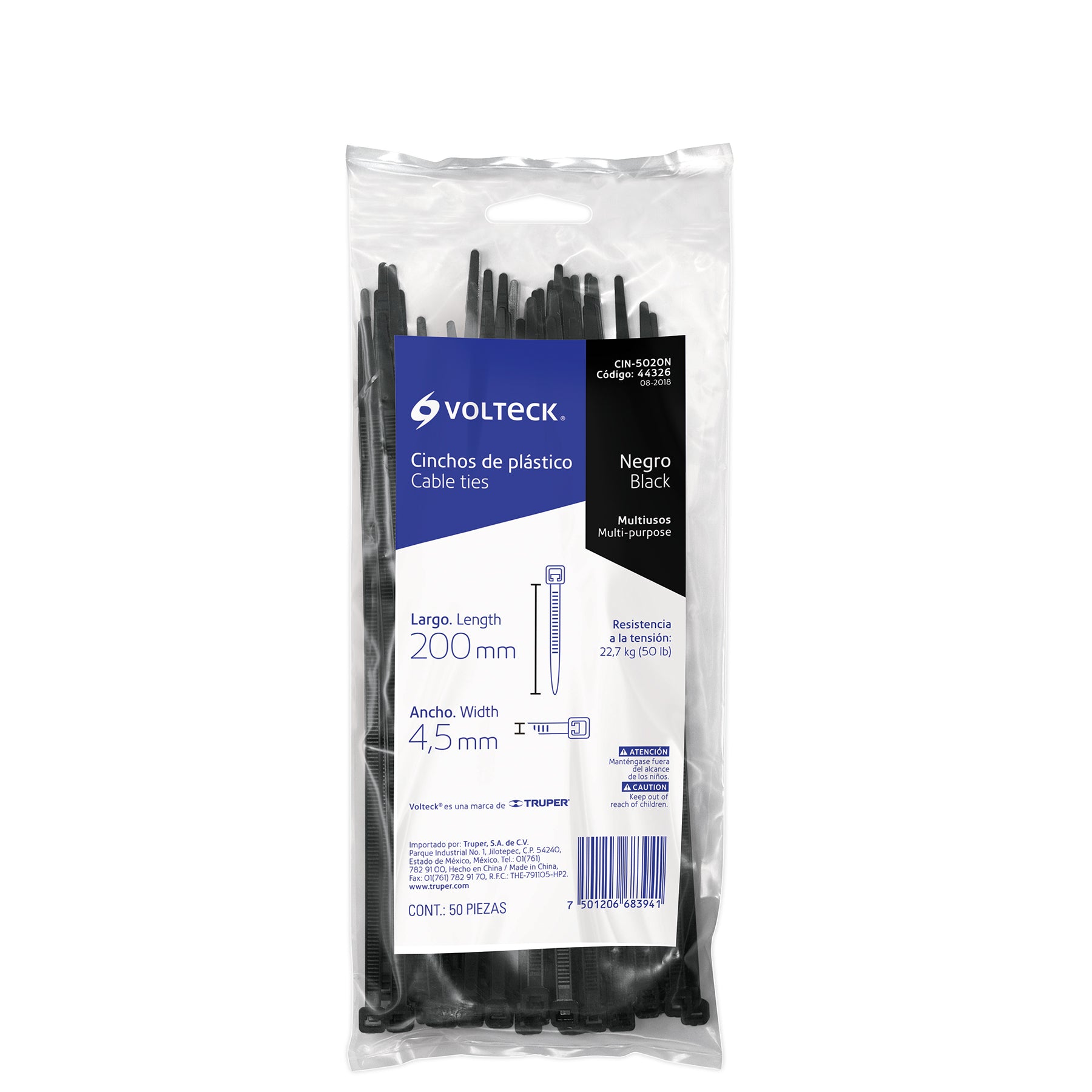 Bolsa con 50 cinchos plásticos 50 lb, 200 x 4.5 mm, negro