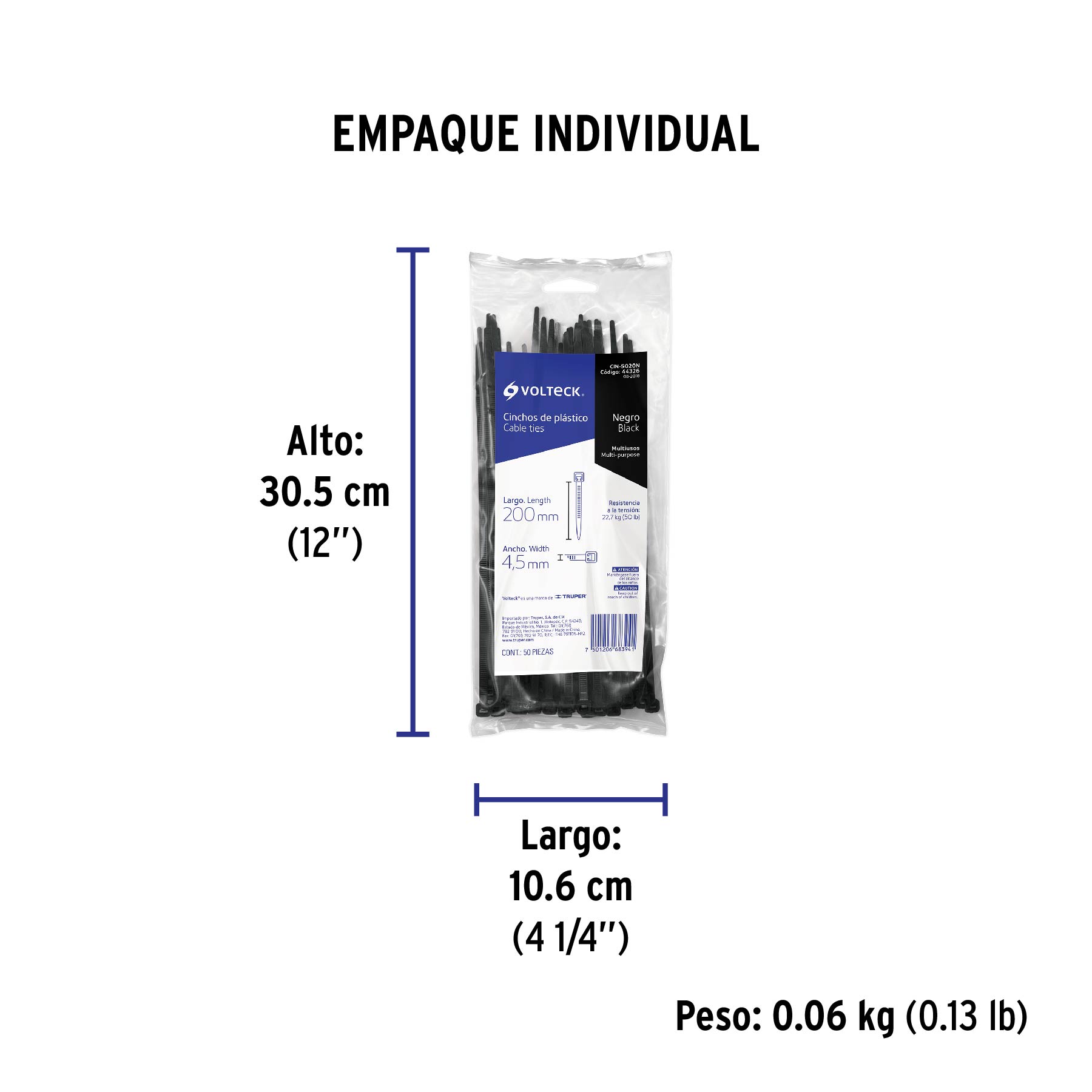 Bolsa con 50 cinchos plásticos 50 lb, 200 x 4.5 mm, negro - Empaque