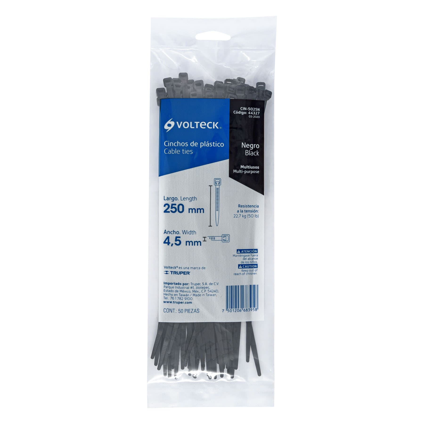 Bolsa con 50 cinchos plásticos 50 lb, 250 x 4.5 mm, negro