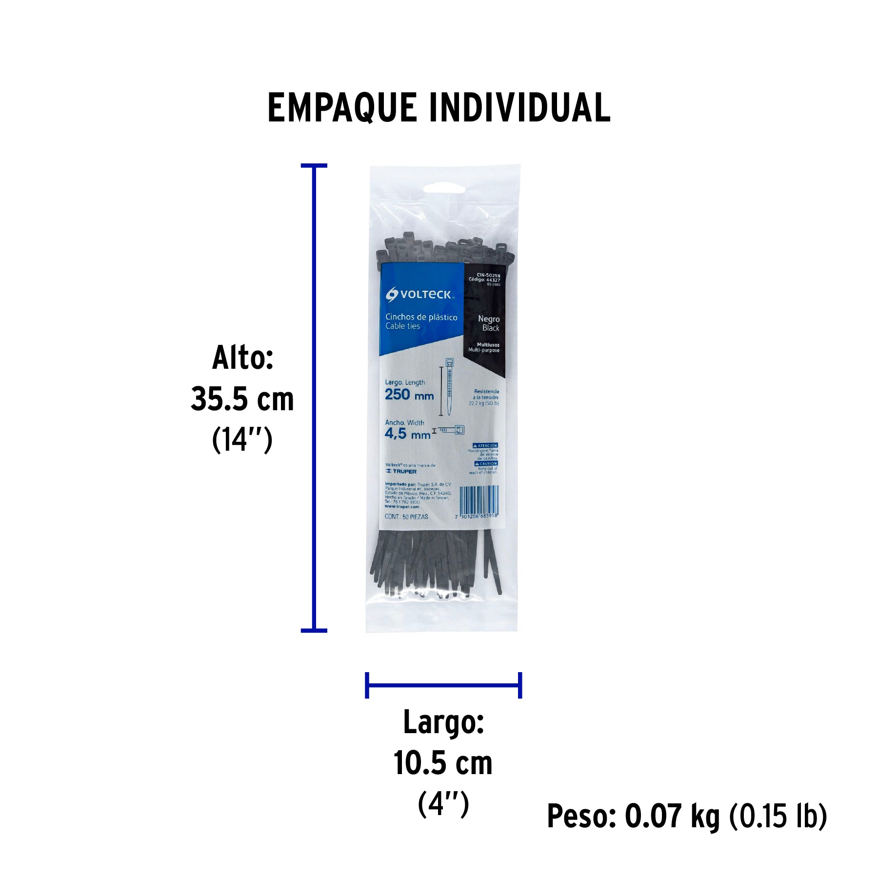 Bolsa con 50 cinchos plásticos 50 lb, 250 x 4.5 mm, negro - Empaque