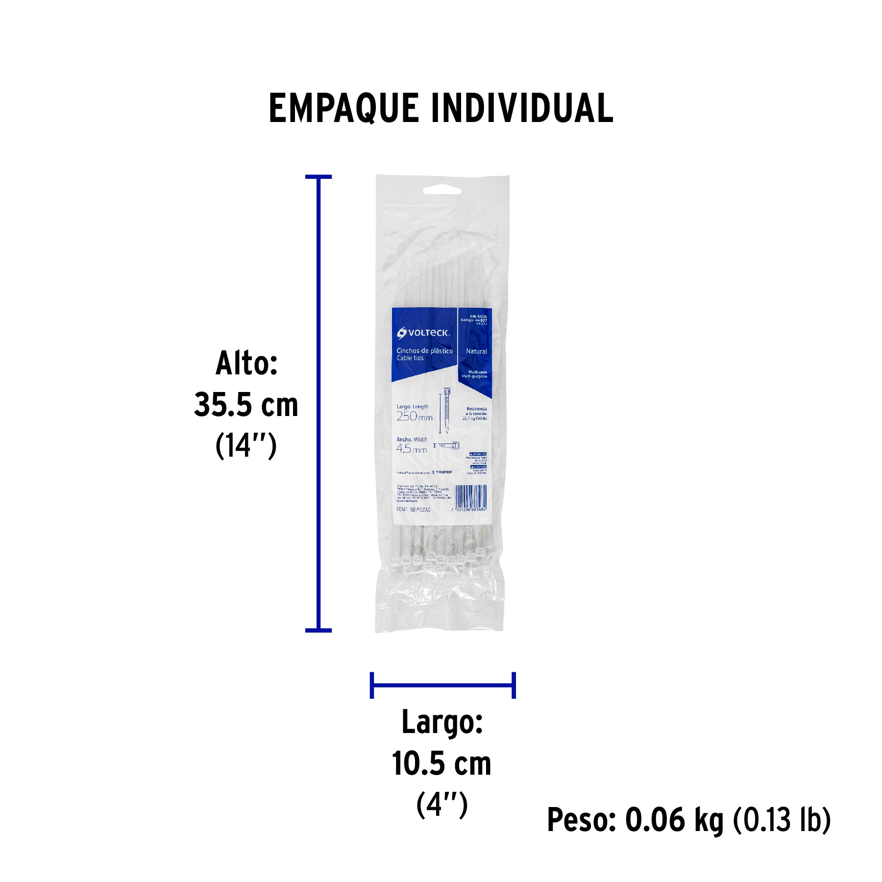 Bolsa con 50 cinchos plásticos 50 lb, 250 x 4.5 mm, natural - Empaque
