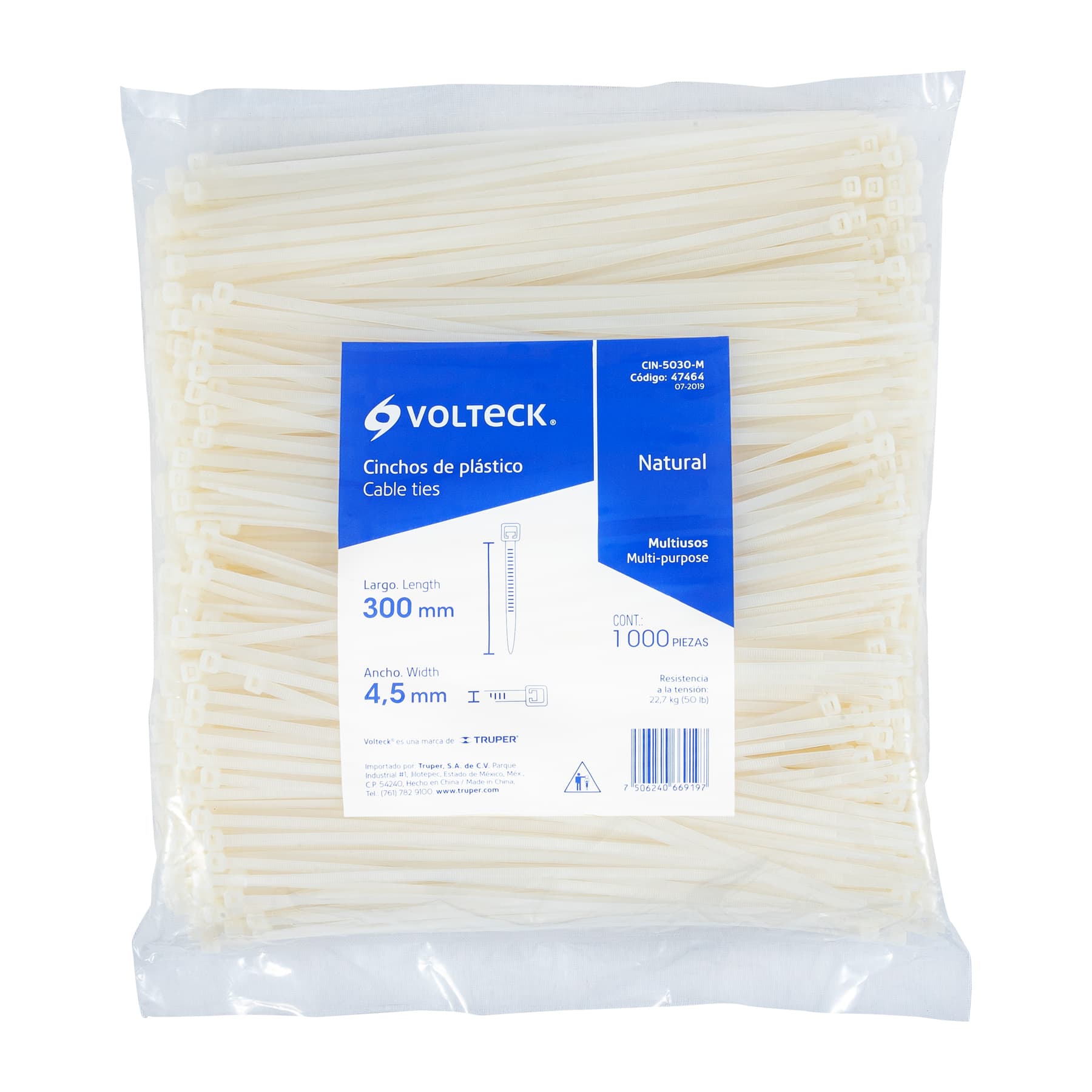 Bolsa con 1000 cinchos plásticos 50lb, 300 x 4.5 mm, natural