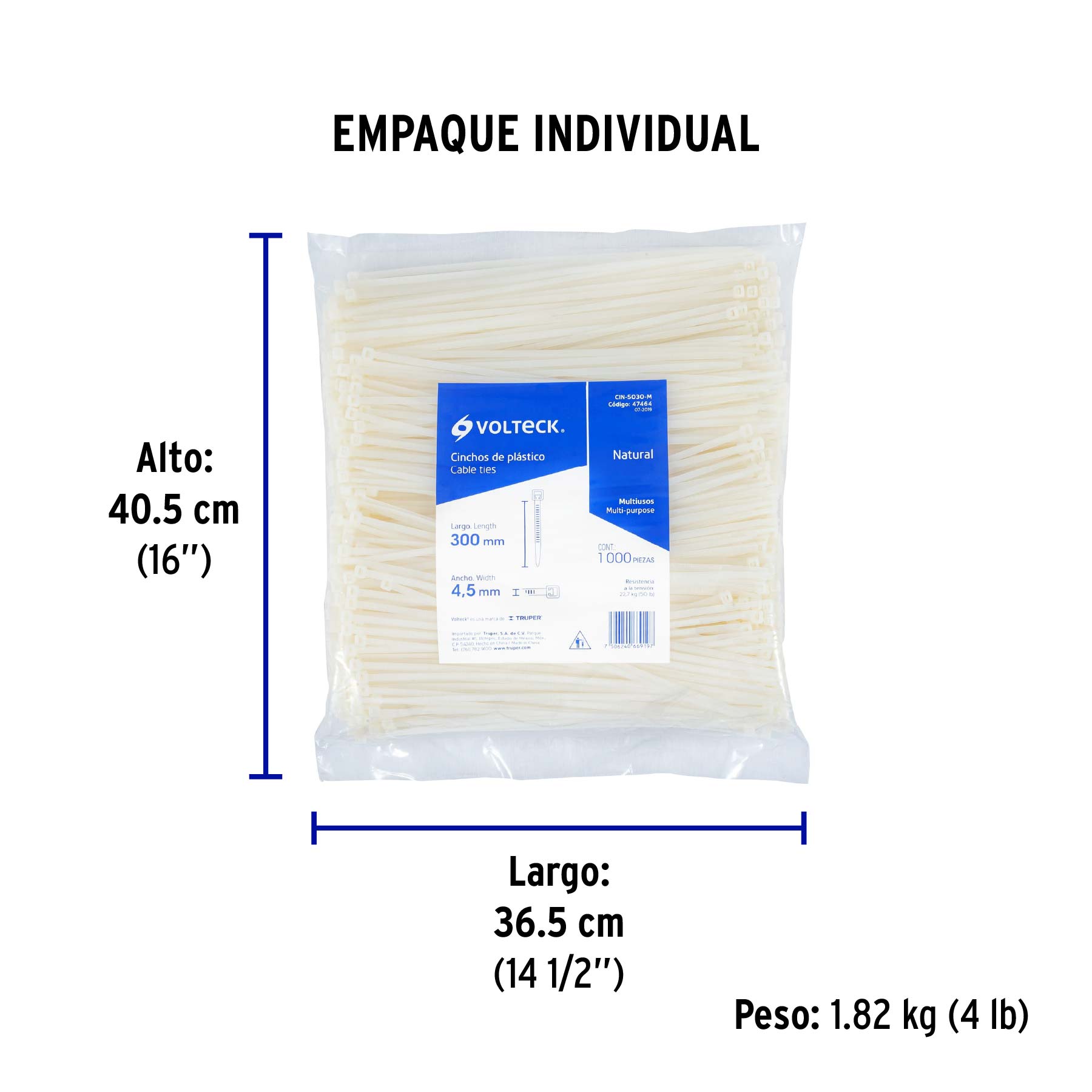Bolsa con 1000 cinchos plásticos 50lb, 300 x 4.5 mm, natural - Empaque