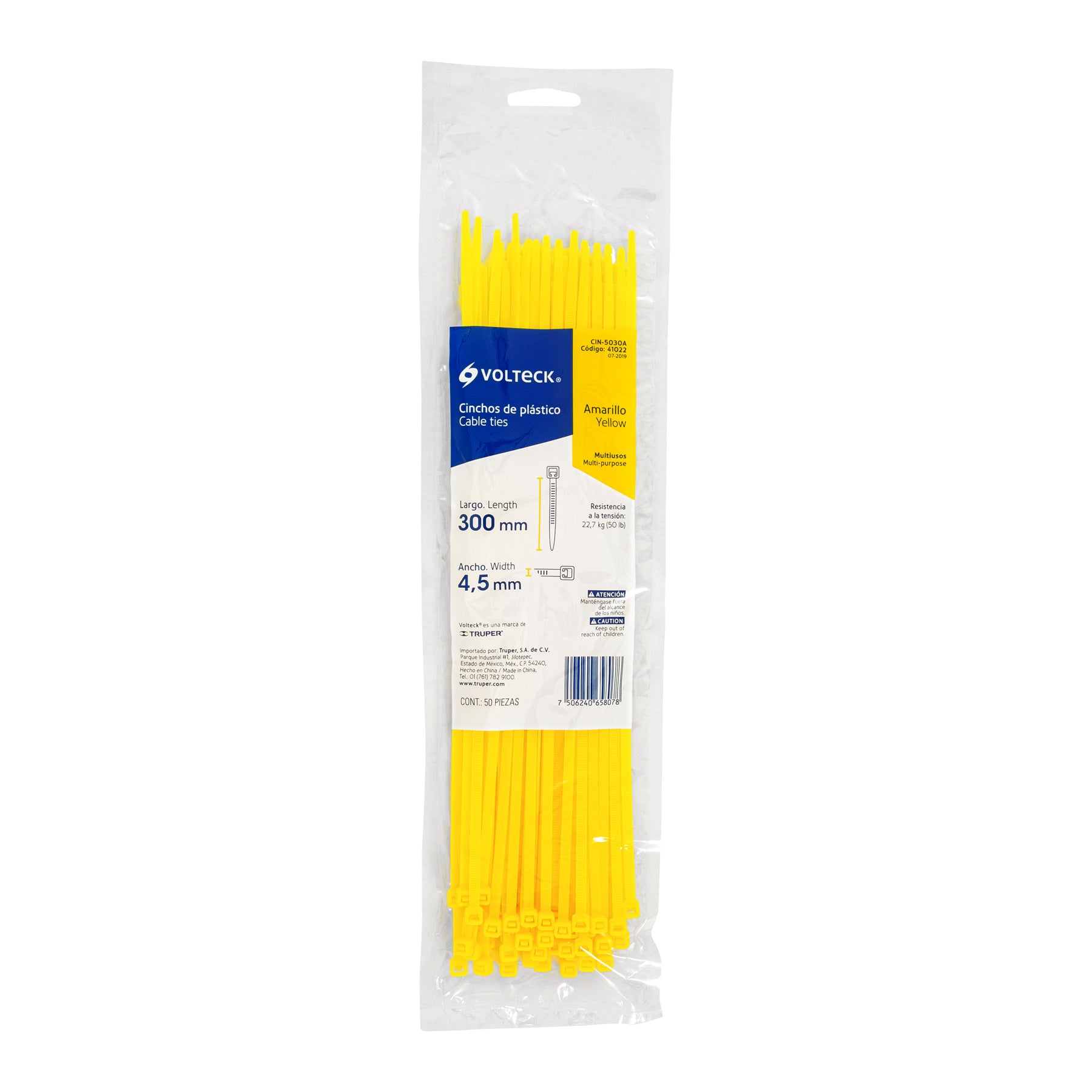 Bolsa con 50 cinchos plásticos 50 lb, 300 x 4.5 mm, amarillo